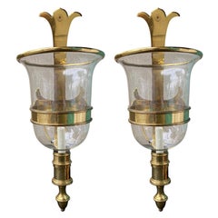 Pair of Circa 1970-1980s Sarreid Brass Sconces, Brass Rimmed Hurricanes, Labeled