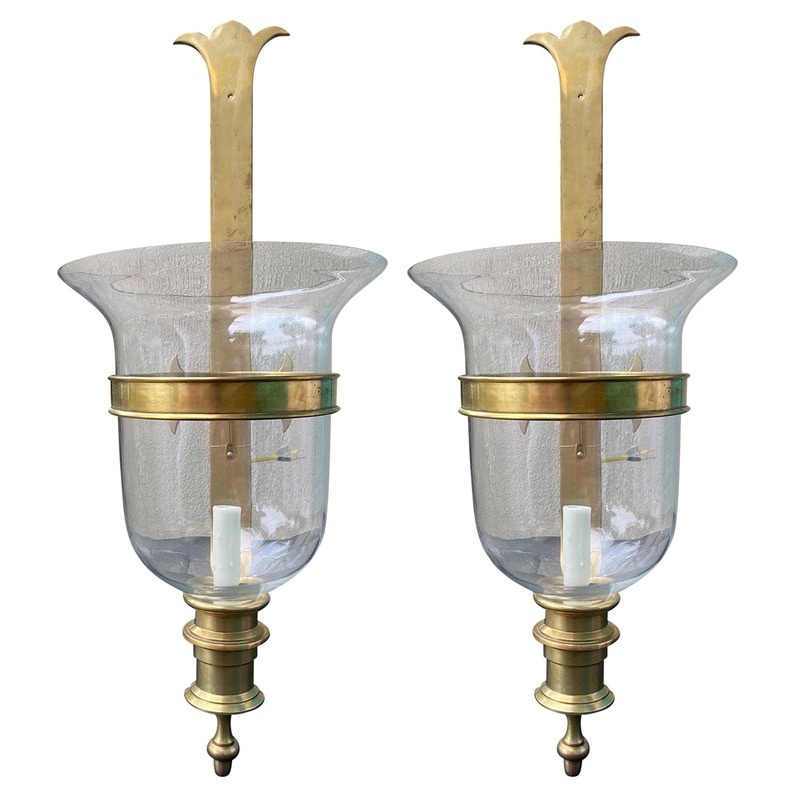 Pair of Circa 1970s-1980s Chapman Brass Sconces with Hurricane Globes, Labeled For Sale