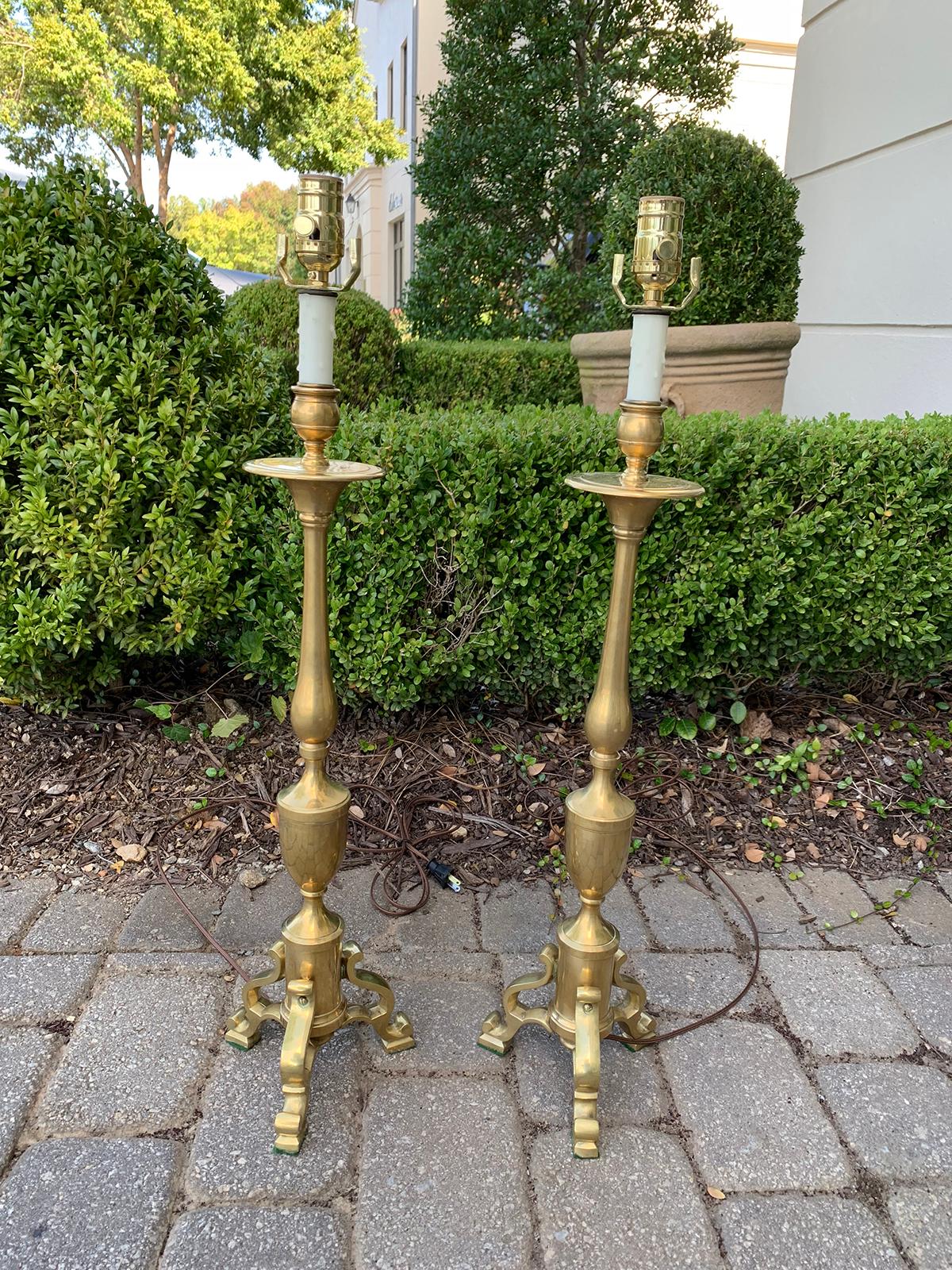 Pair of circa 1970s Chapman brass candlesticks as lamps.
Brand new wiring.