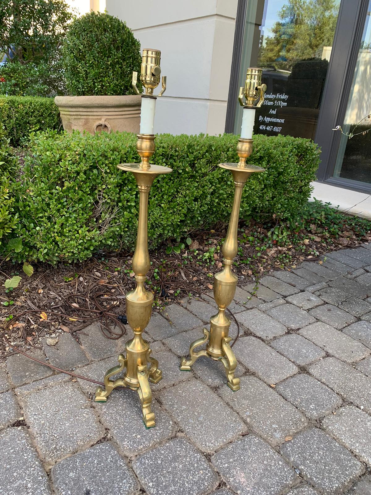 Pair of  circa 1970s Chapman Brass Candlesticks as Lamps In Good Condition In Atlanta, GA
