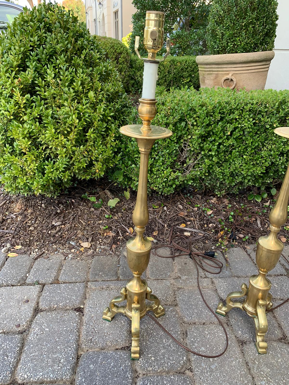 Pair of  circa 1970s Chapman Brass Candlesticks as Lamps 4