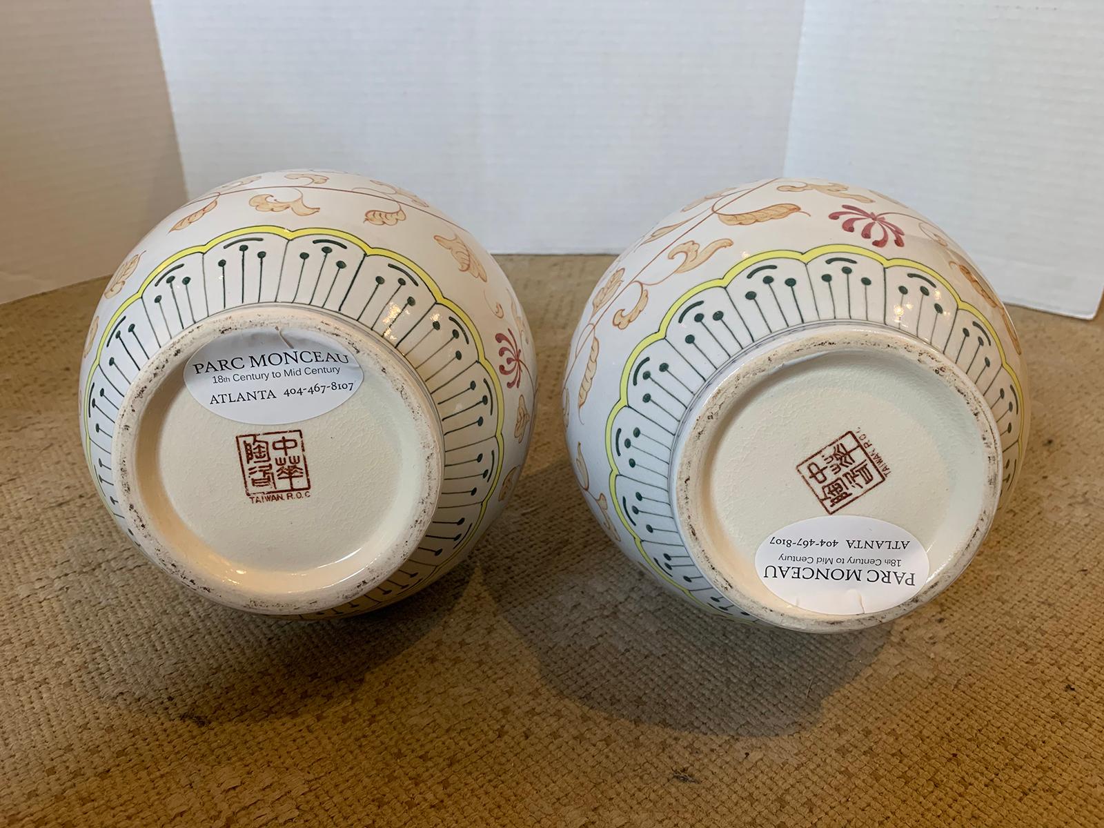 Taiwanese Pair of circa 1975 Chinese Hand Painted Double Gourd Vases Made in Taiwan R.O.C.
