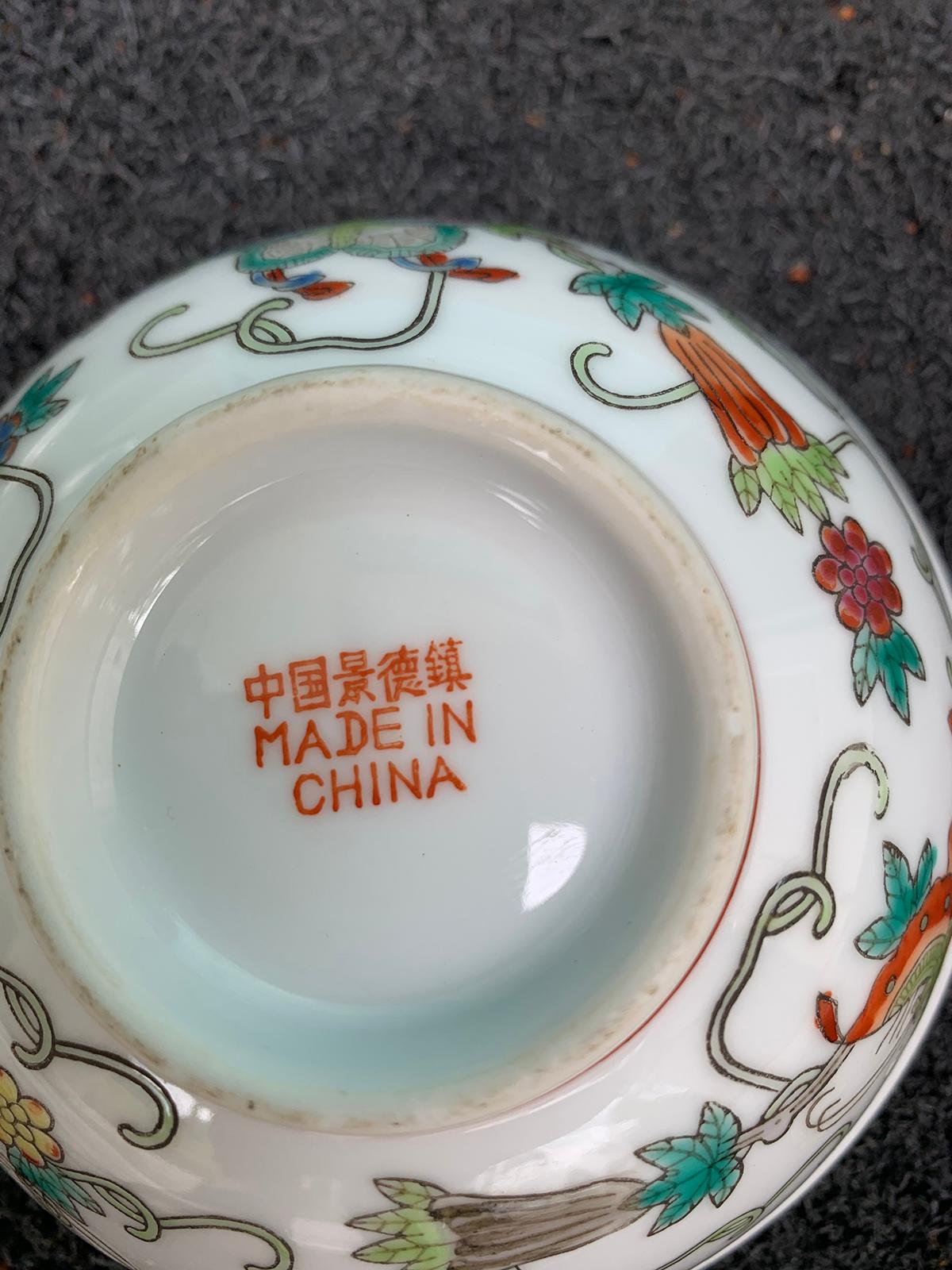 Pair of 20th century circa 1975 or later Chinese hand painted porcelain bowls with butterflies and Zhongguo Zhi Zao Mark, marked 