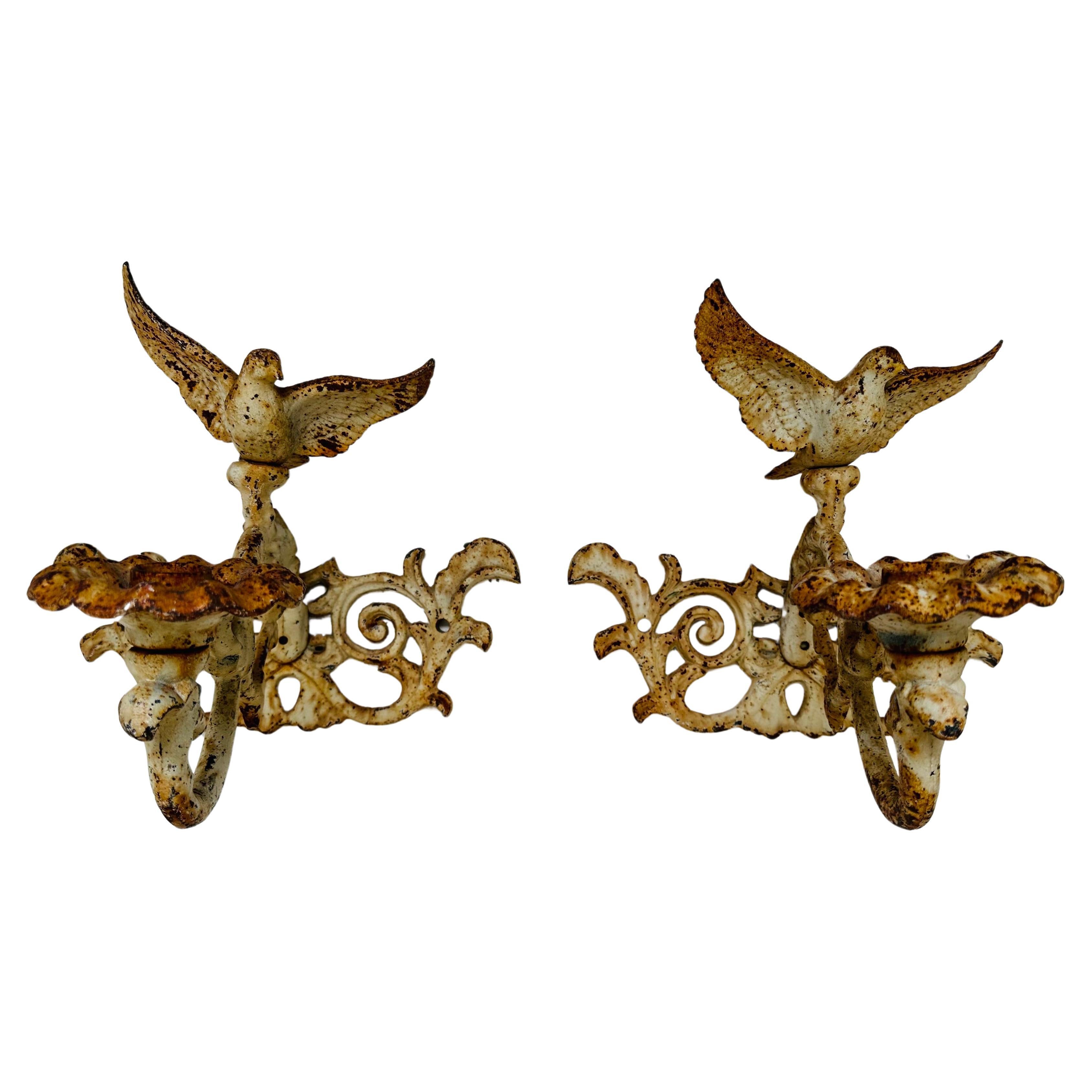 Pair of Circa 19th Century Cuban Cast Iron "Dove" Garden Rustic Candleholders For Sale