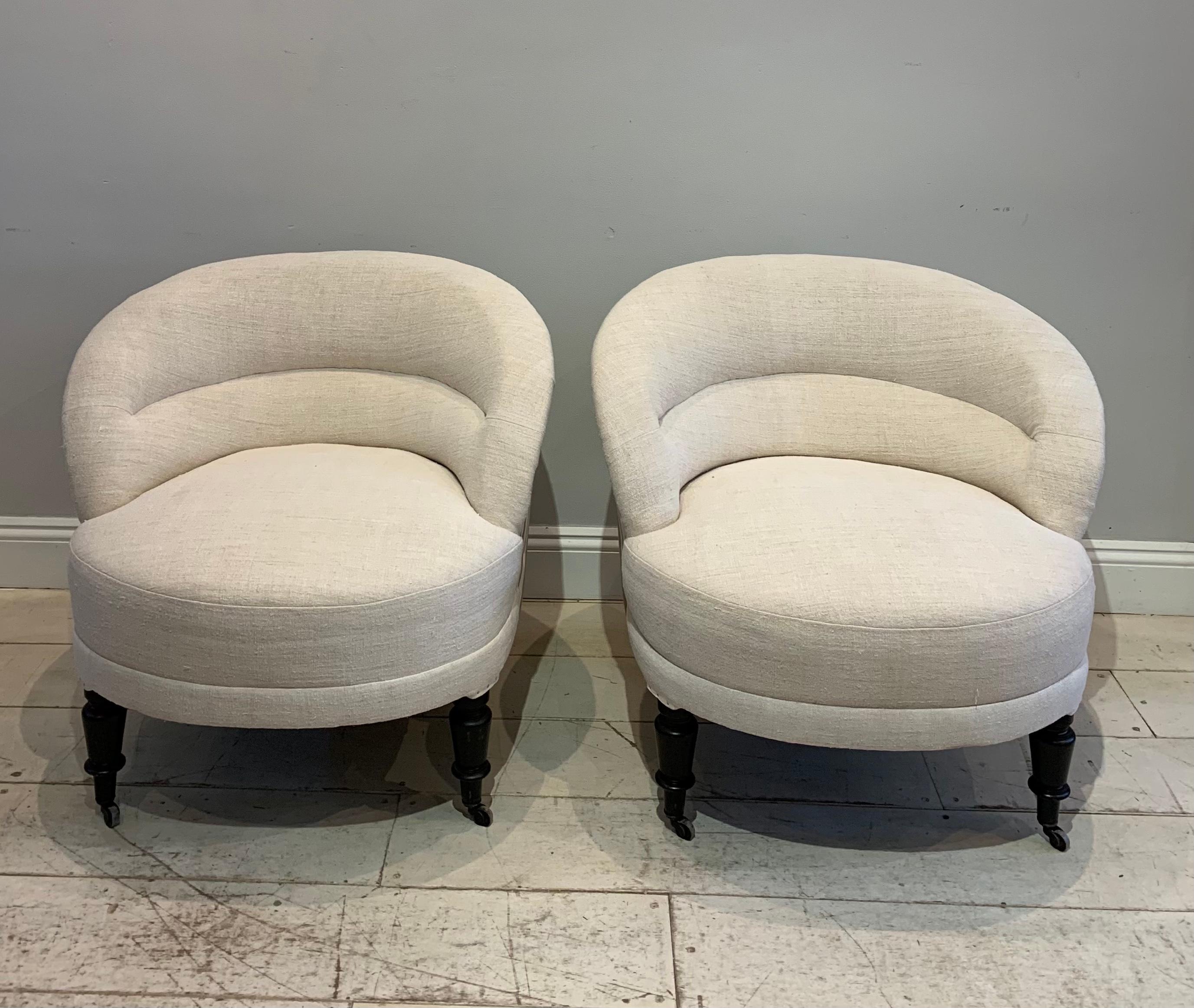Pair of Circa 19th Century Napoleon III French Linen Upholstered Armchairs 12