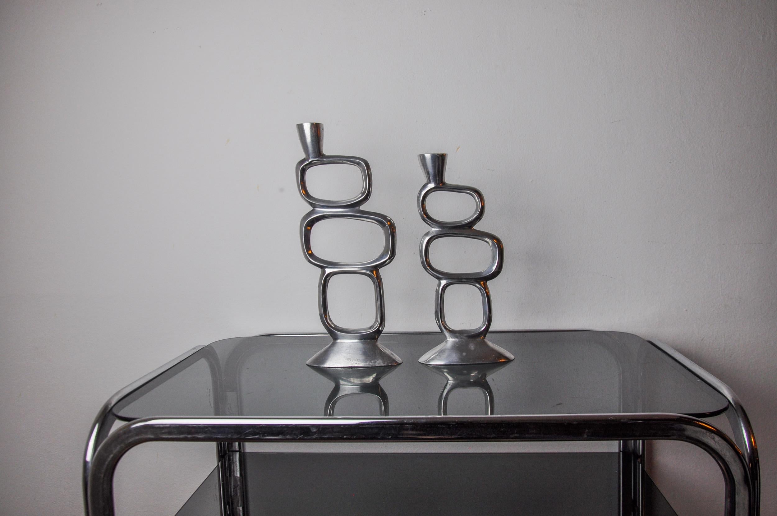 Metal Pair of circle candlesticks by Matthew Hilton, England, 1980 For Sale