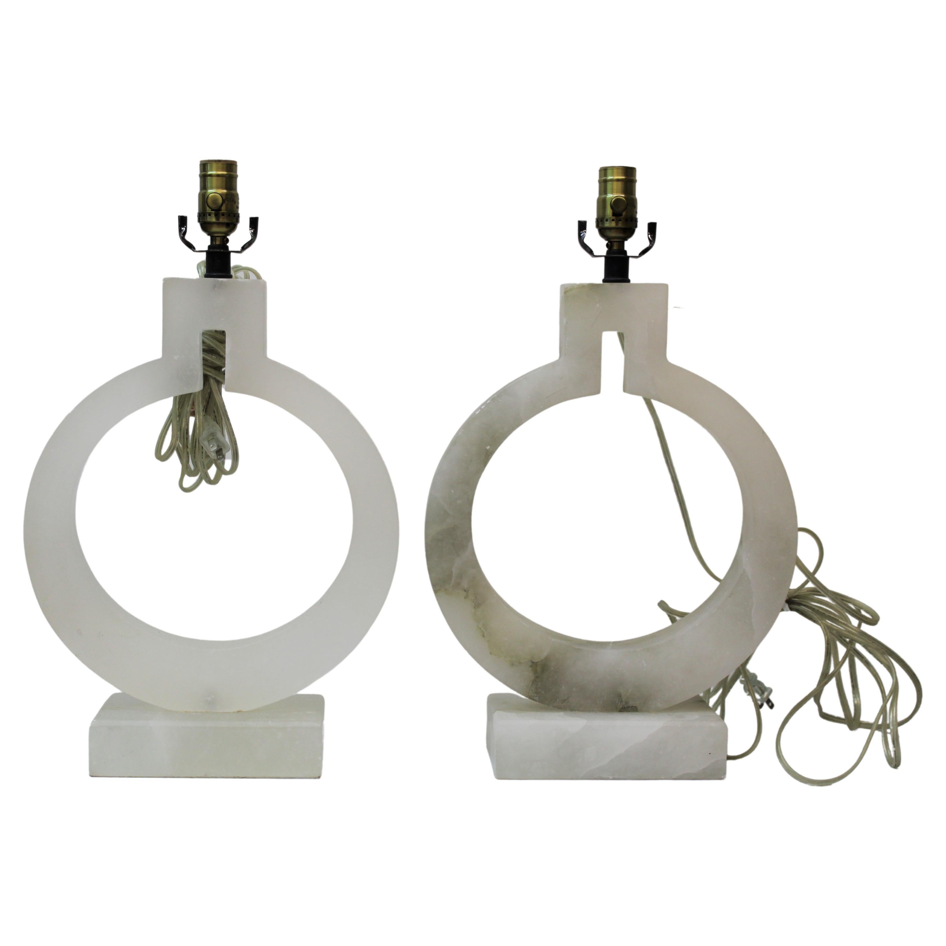 Pair of Circular Alabaster Table Lamps For Sale