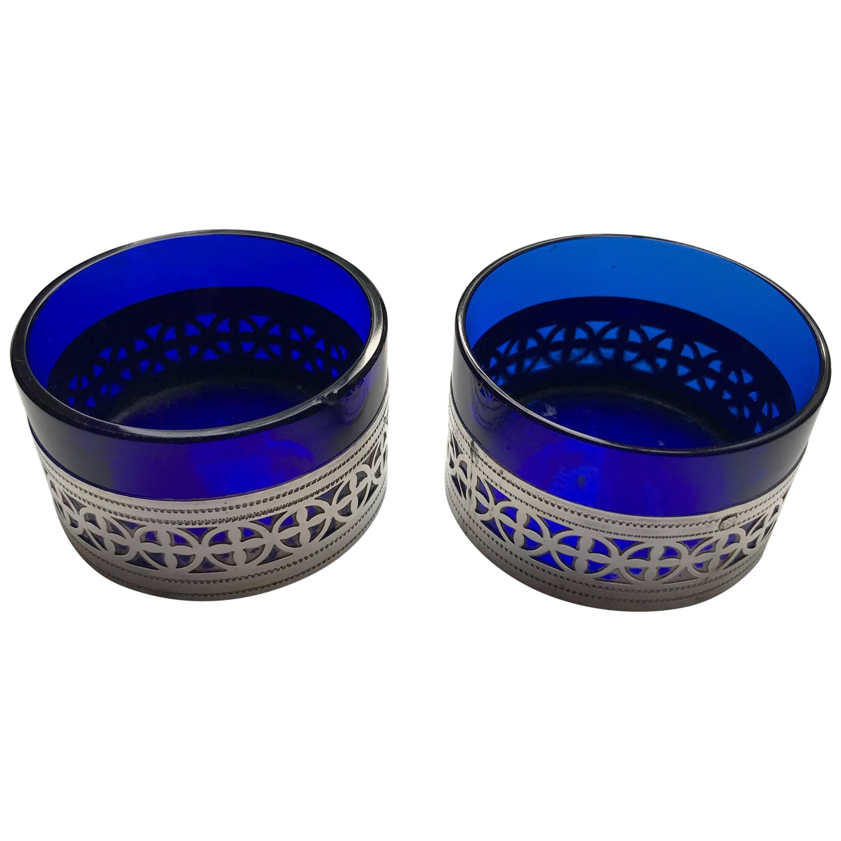 Pair of Circular Filigree Silver Salts with Blue Liners For Sale