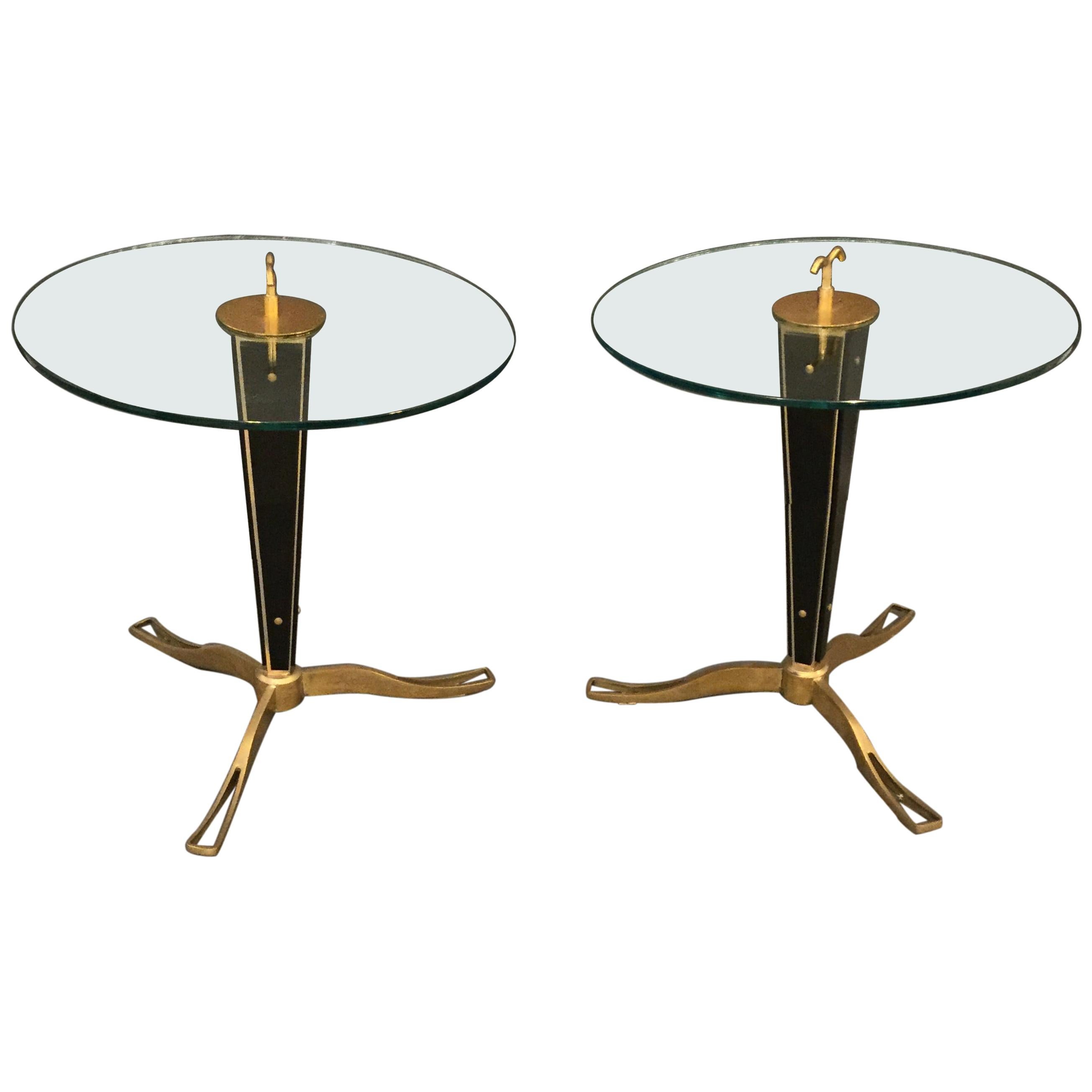 Pair of Circular Italian Designed Cocktail Tables on Bronze Tripod Legs