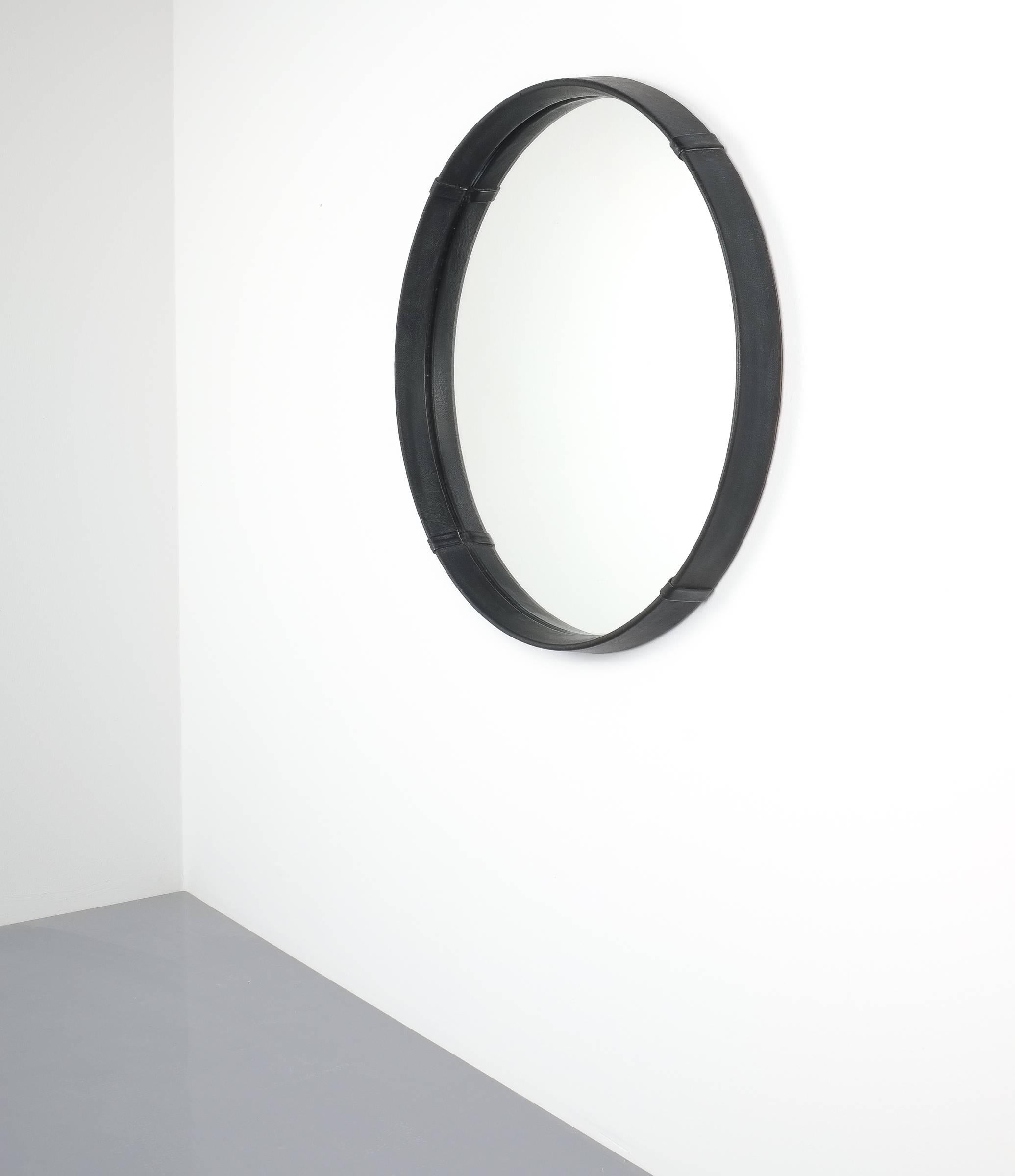 American Circular Leather Wrapped Mirror in the Style of Pace