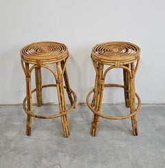 Pair of Circular Mid Century Modern Bamboo Bar Stools, Italy 1960s