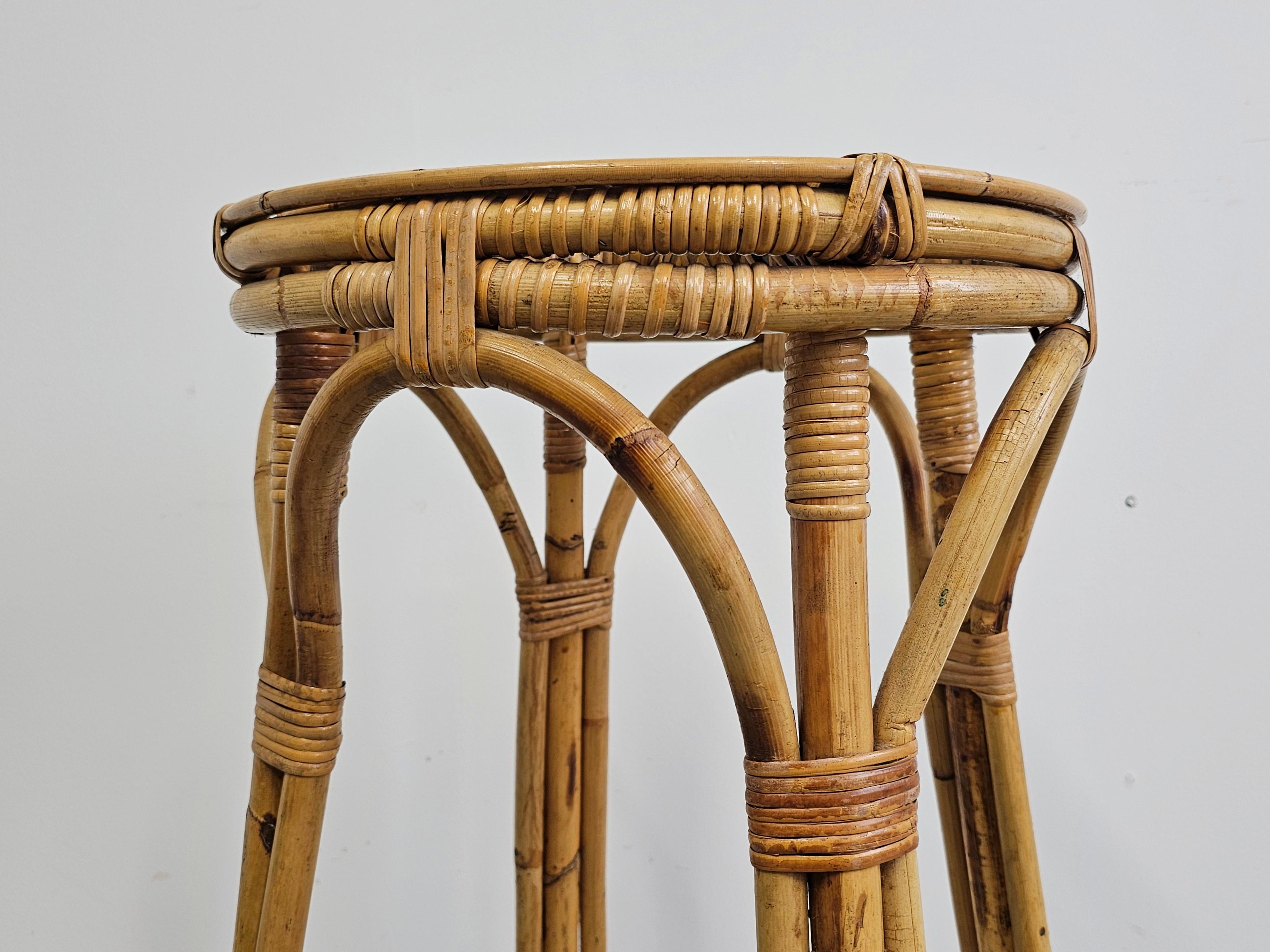 Pair of Circular Mid Century Modern Bamboo Bar Stools, Italy 1960s For Sale 3