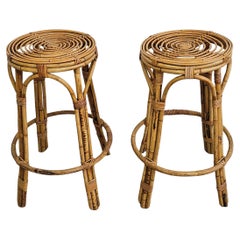 Vintage Pair of Circular Mid Century Modern Bamboo Bar Stools, Italy 1960s