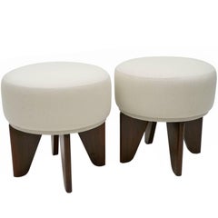 Pair of Circular Poufs with Angled Walnut Feet, Upholstered in Belgian Linen