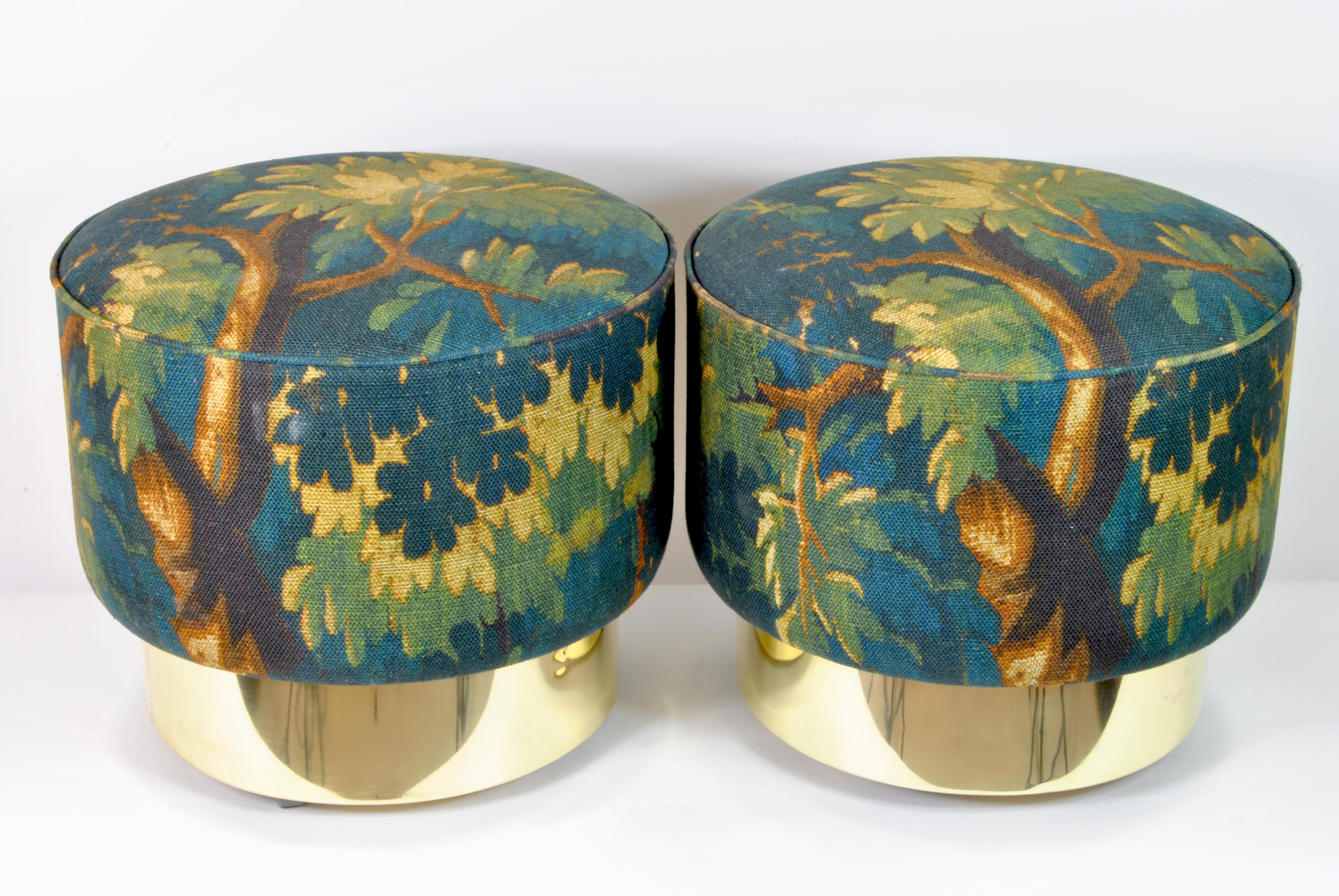 Italian Pair of Circular Poufs with Brass Base, Italy, 1970 For Sale