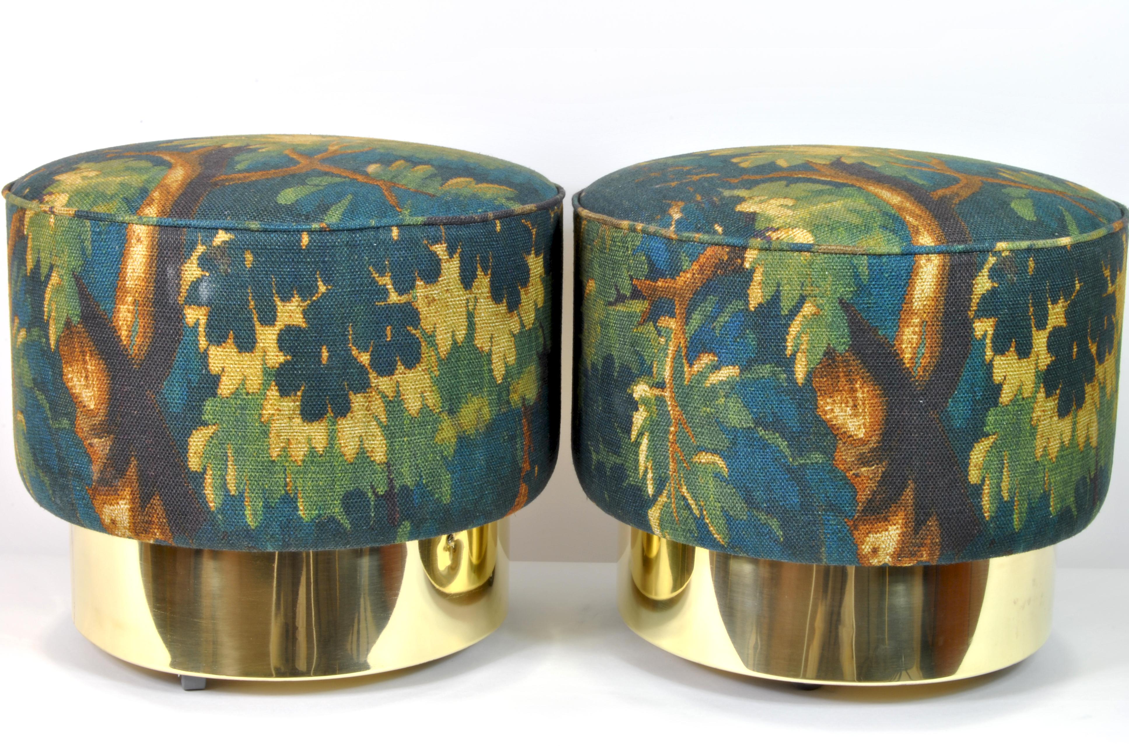 Late 20th Century Pair of Circular Poufs with Brass Base, Italy, 1970 For Sale