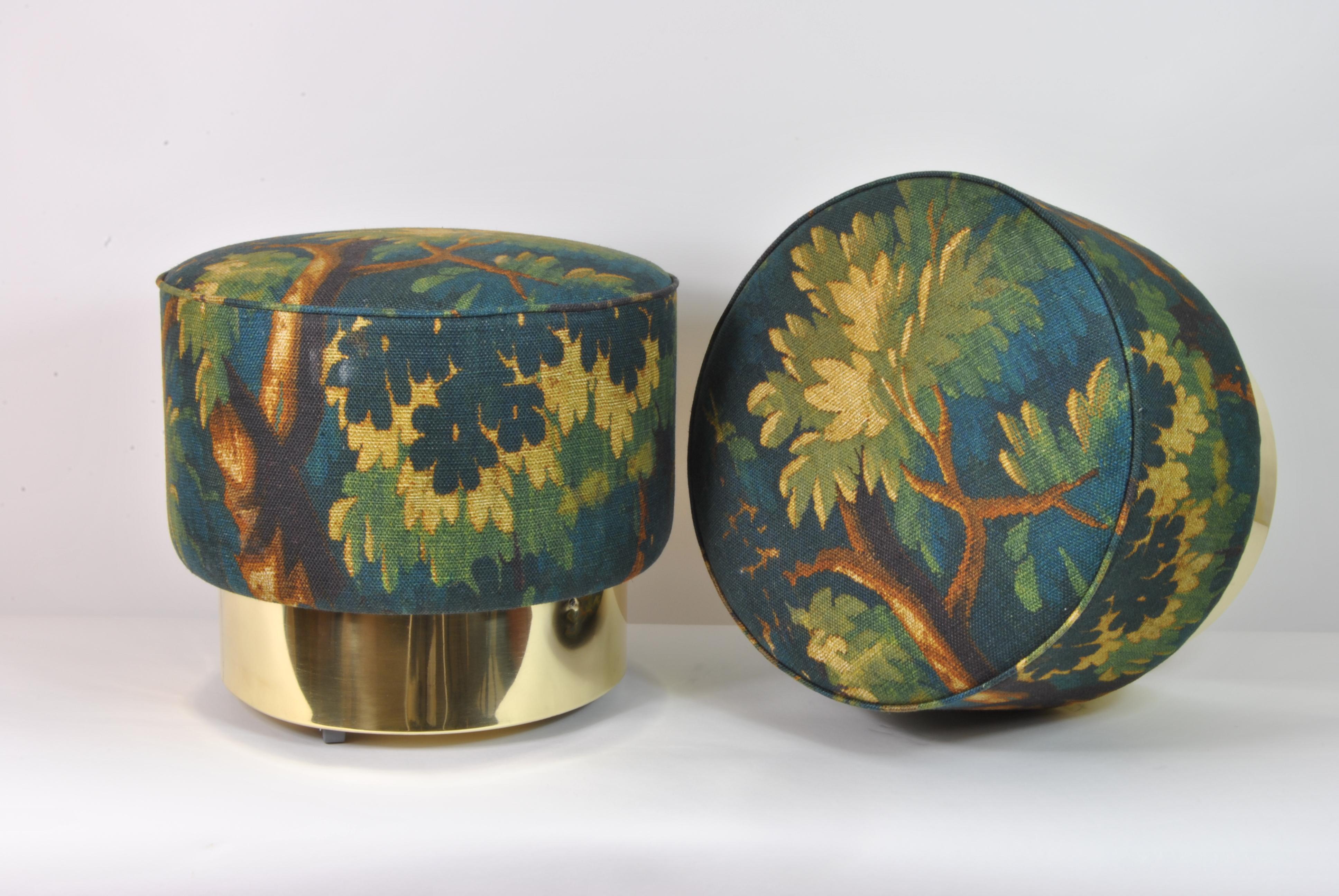 Metal Pair of Circular Poufs with Brass Base, Italy, 1970 For Sale