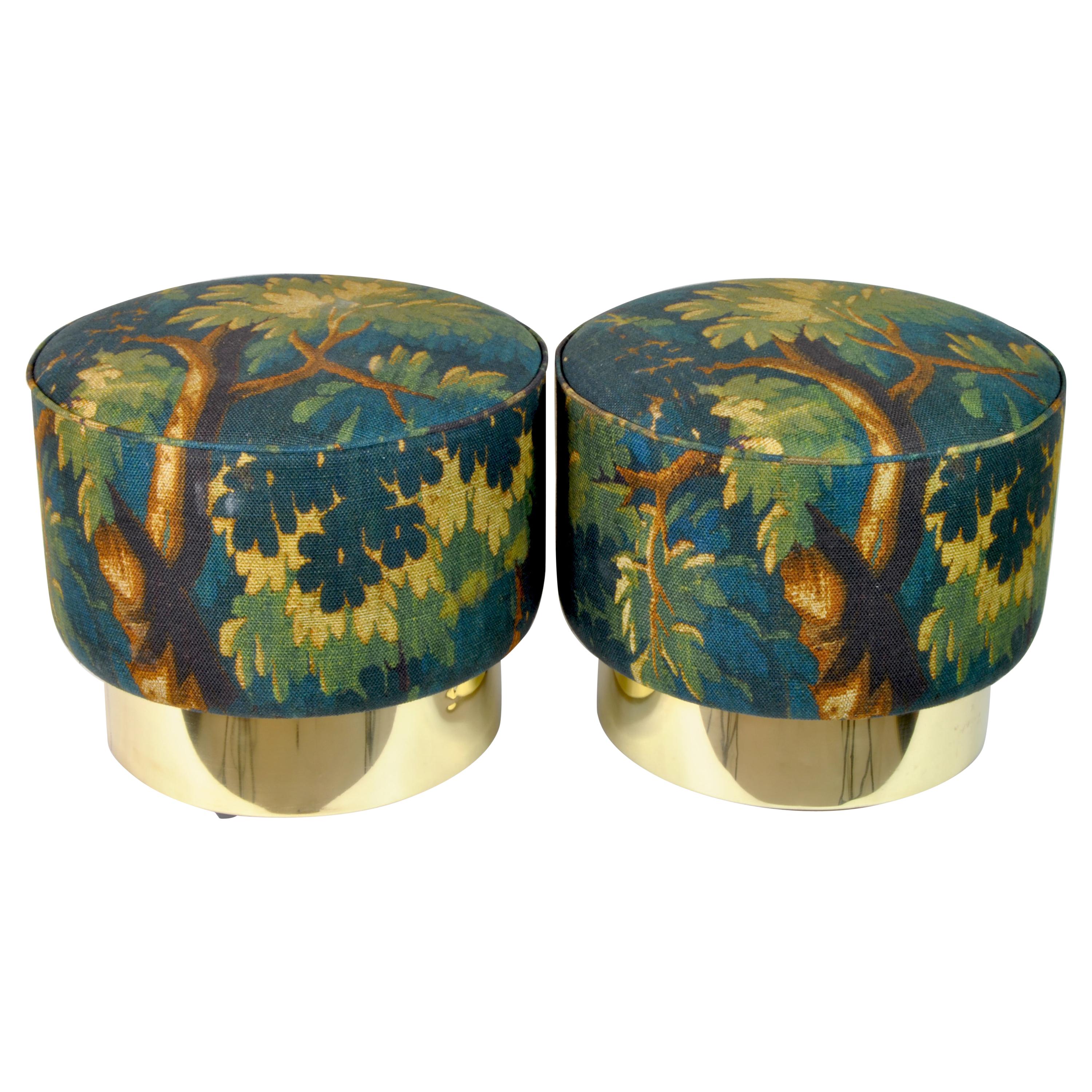 Pair of Circular Poufs with Brass Base, Italy, 1970
