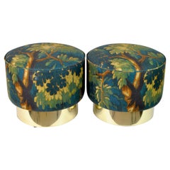Pair of Circular Poufs with Brass Base, Italy, 1970