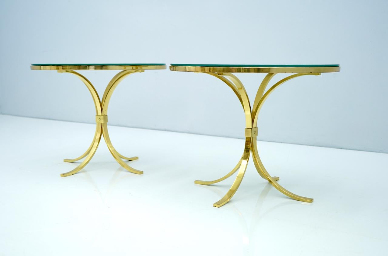 Mid-Century Modern Pair of Circular Side Tables Brass & Mirror Glass by Münchner Werkstätten, 1960s For Sale