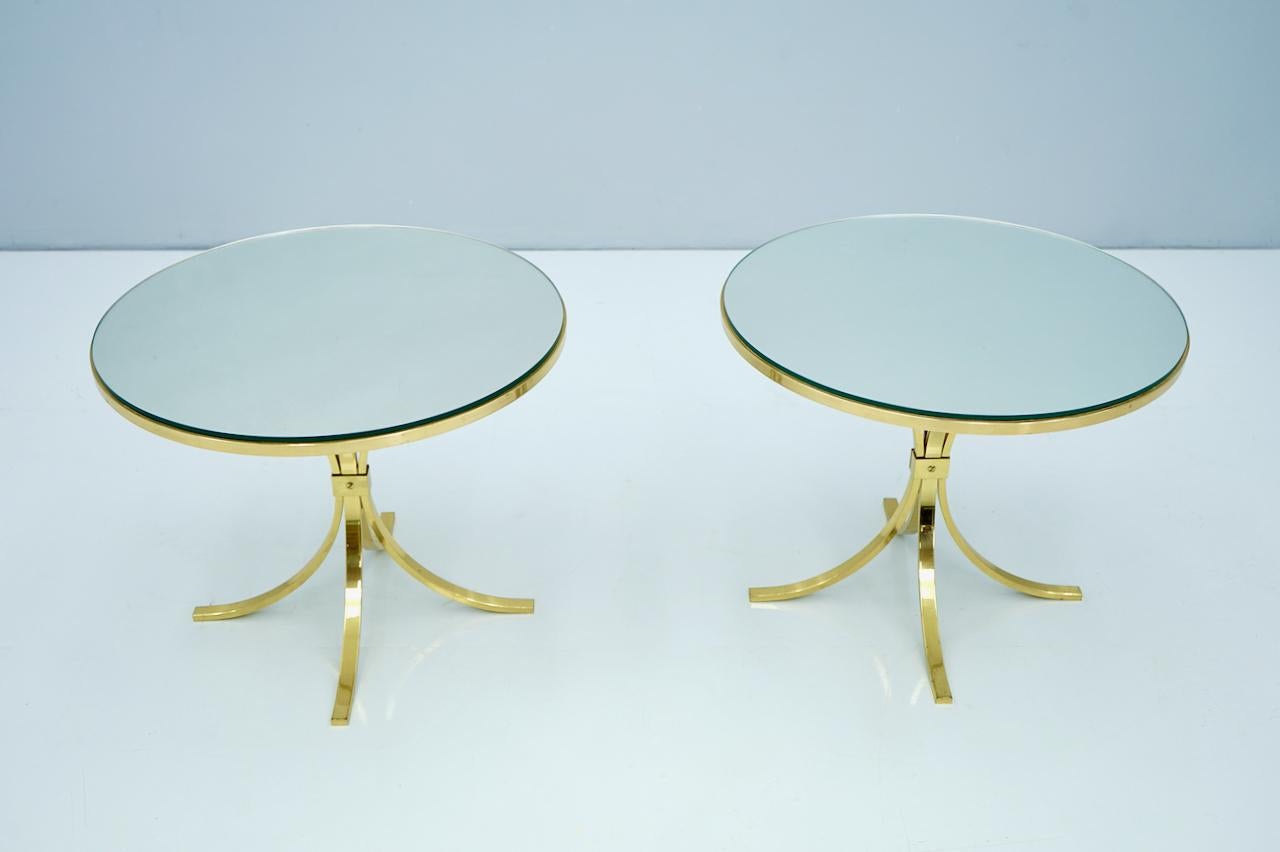 German Pair of Circular Side Tables Brass & Mirror Glass by Münchner Werkstätten, 1960s For Sale