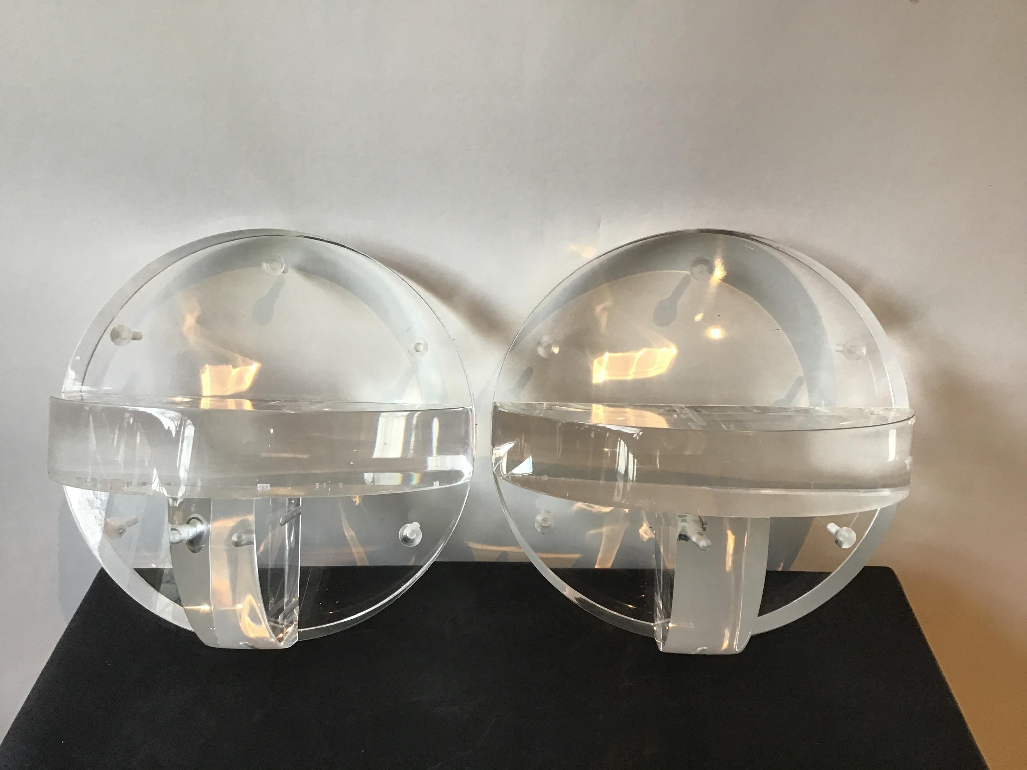 Contemporary Pair of Circular Thick Lucite Wall Shelves