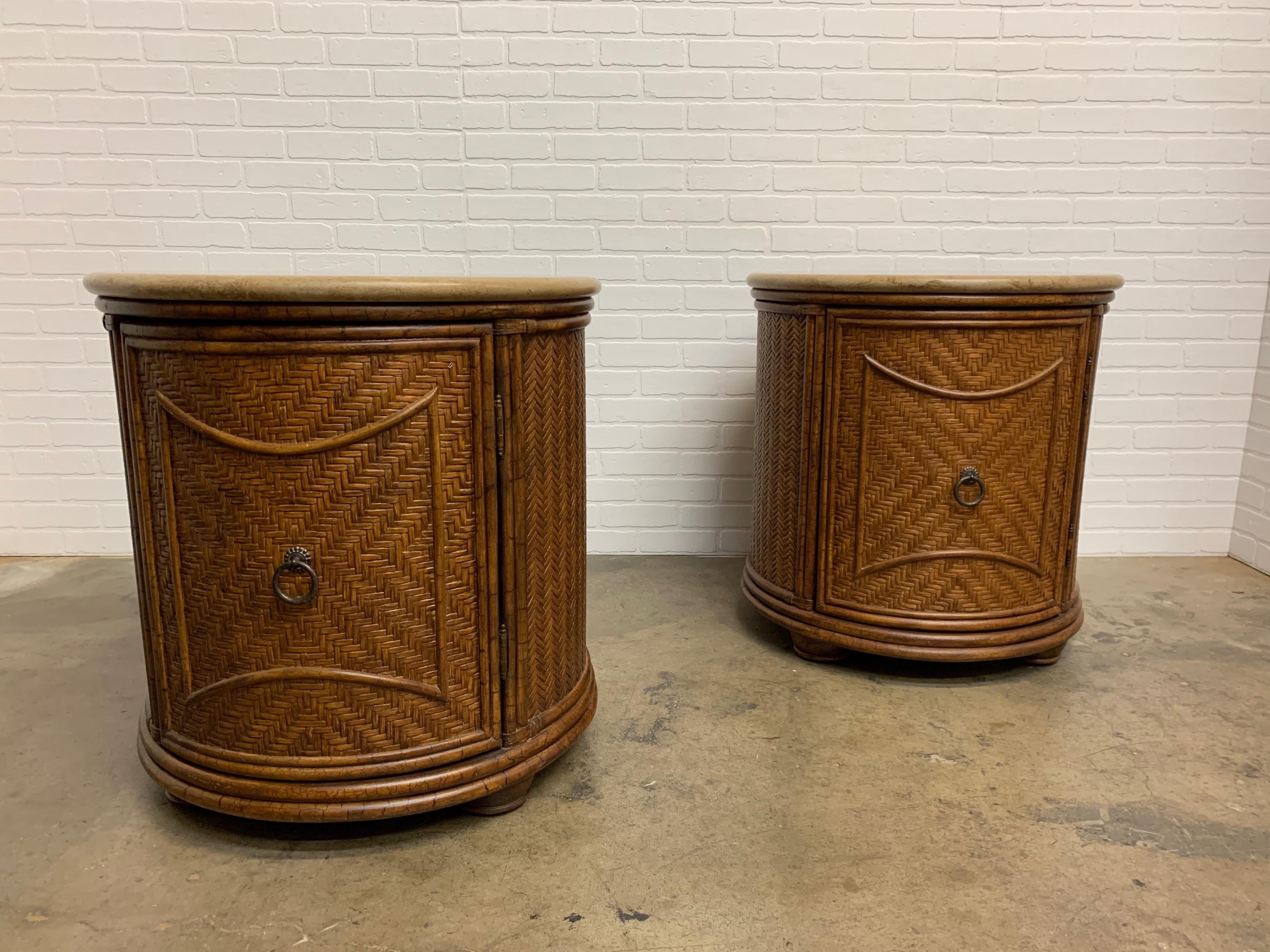 Philippine Pair of Circular Woven Cane Nightstands
