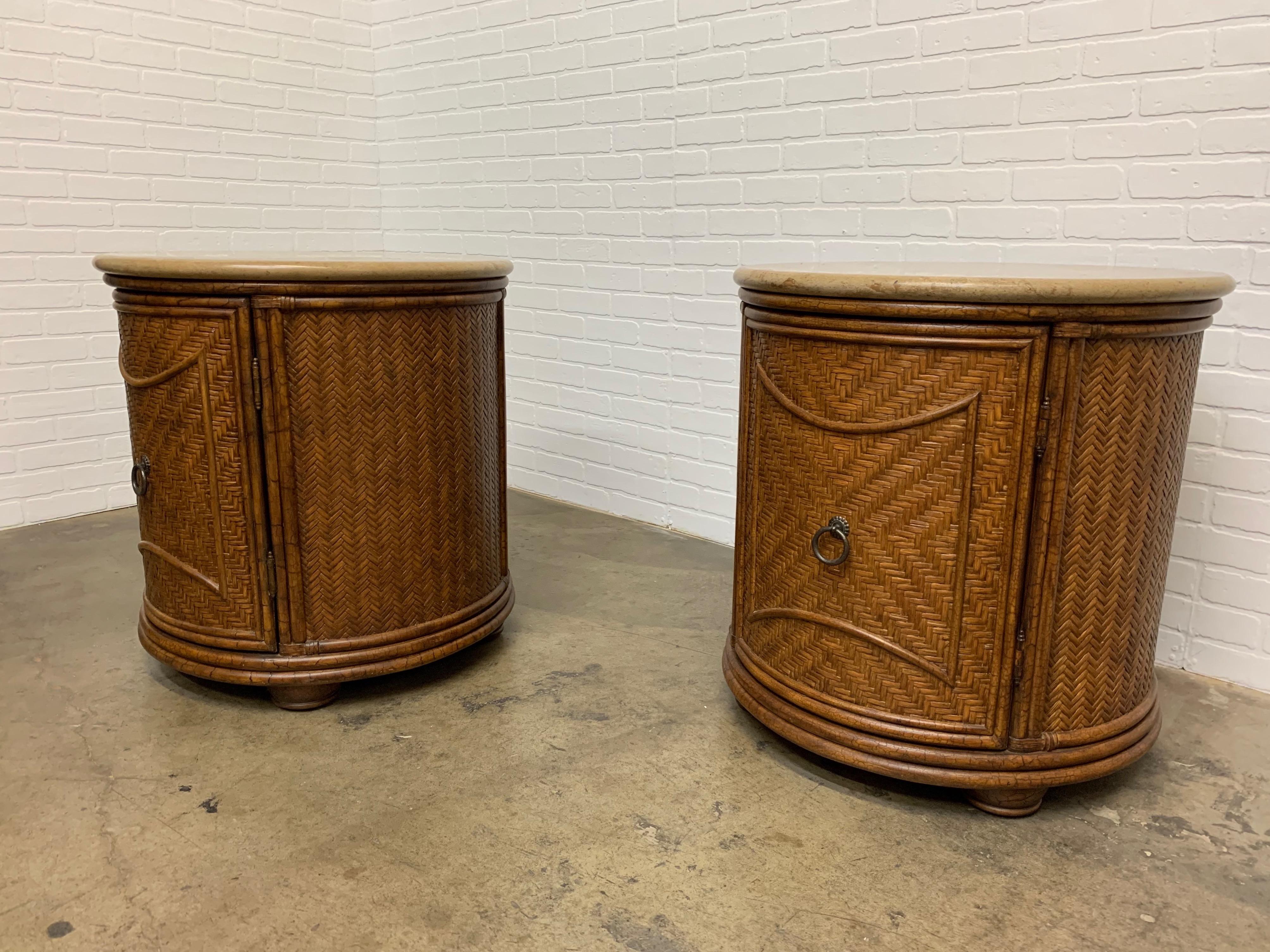 Pair of Circular Woven Cane Nightstands 2