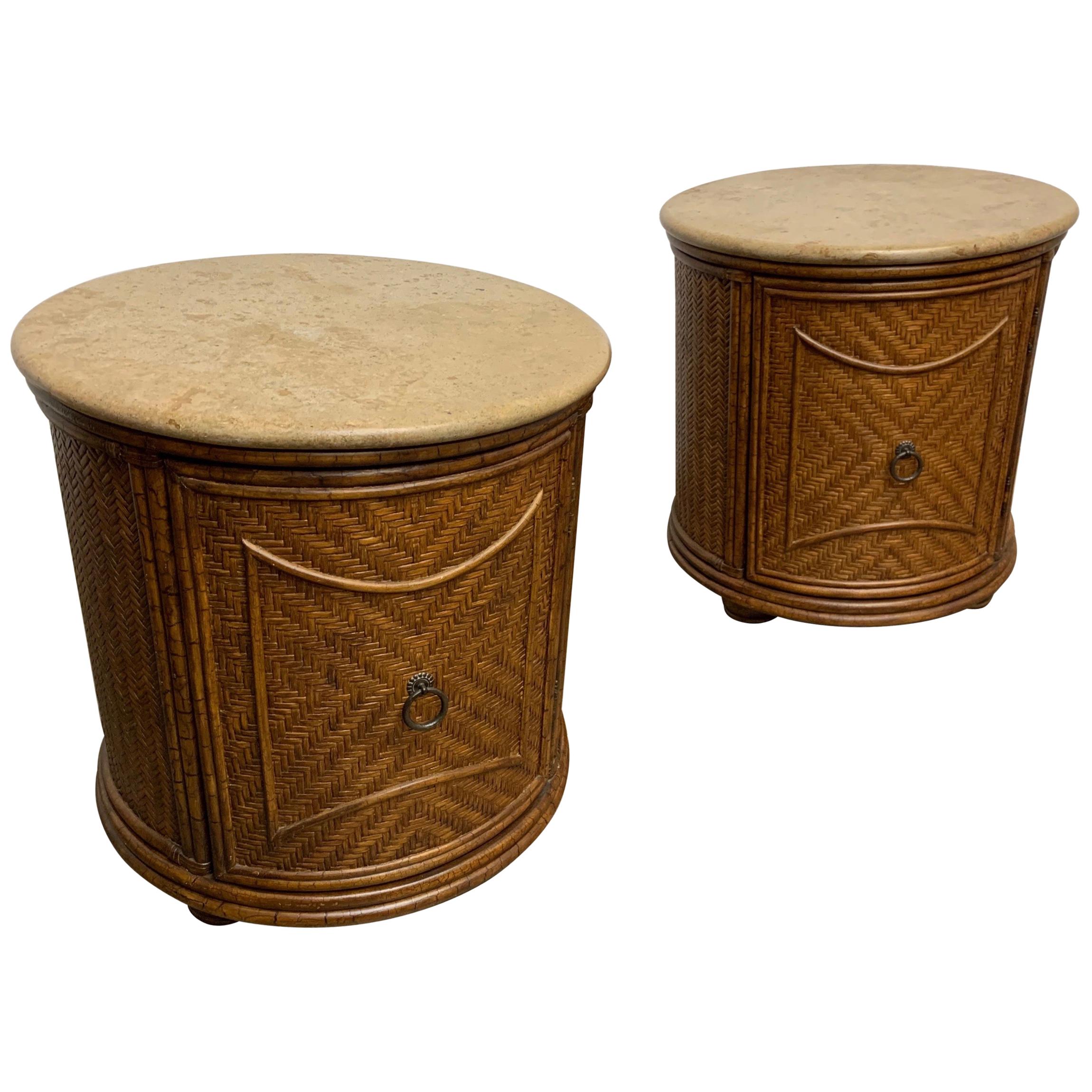 Pair of Circular Woven Cane Nightstands