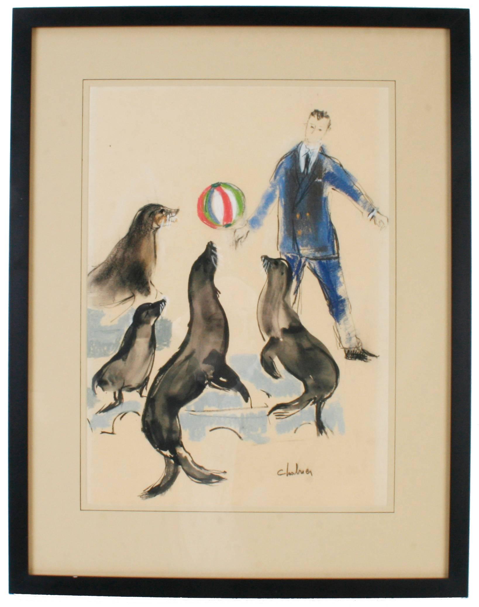 Cirque Medrano craie Illustrations d'André Legrand-Chabrier. André Legrand-Chabrier (1876-1945) était un romancier, journaliste, illustrateur et chroniqueur du cirque français. L'une des illustrations représente un dresseur de chiens avec un caniche