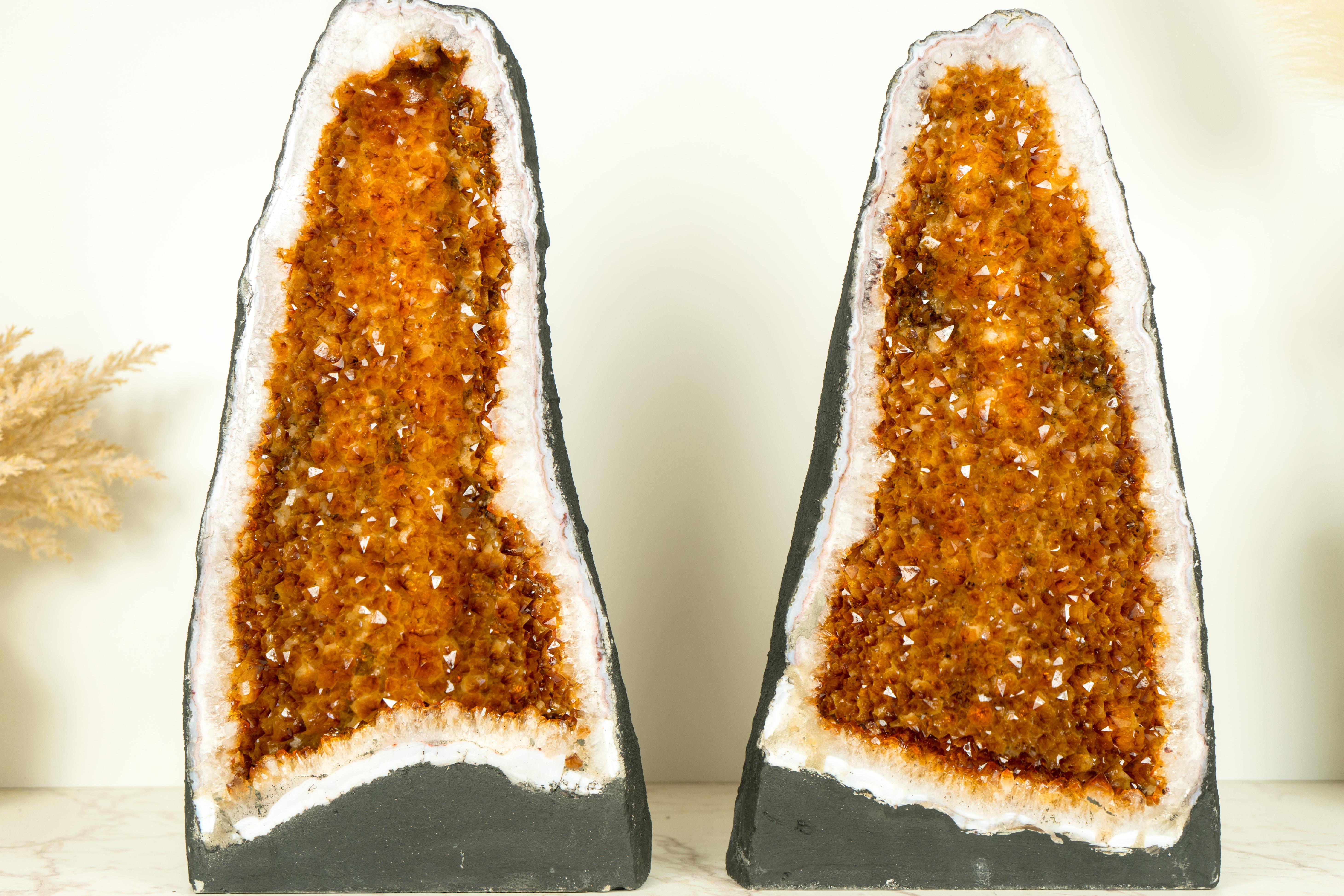 Pair of Citrine Geode Cathedrals with Sparkling AAA-Grade, Rich Orange Druzy 4
