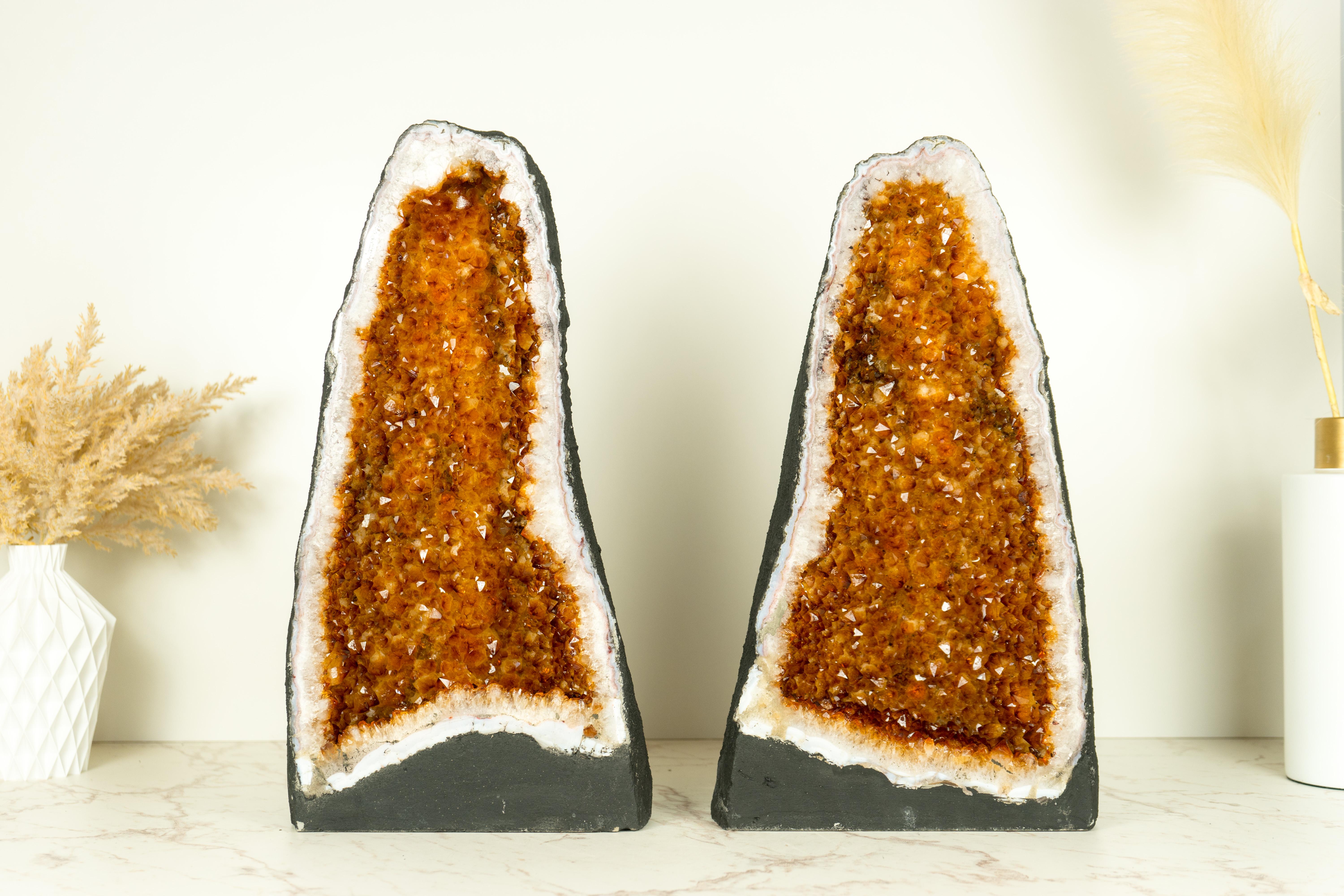 Pair of Citrine Geode Cathedrals with Sparkling AAA-Grade, Rich Orange Druzy 5