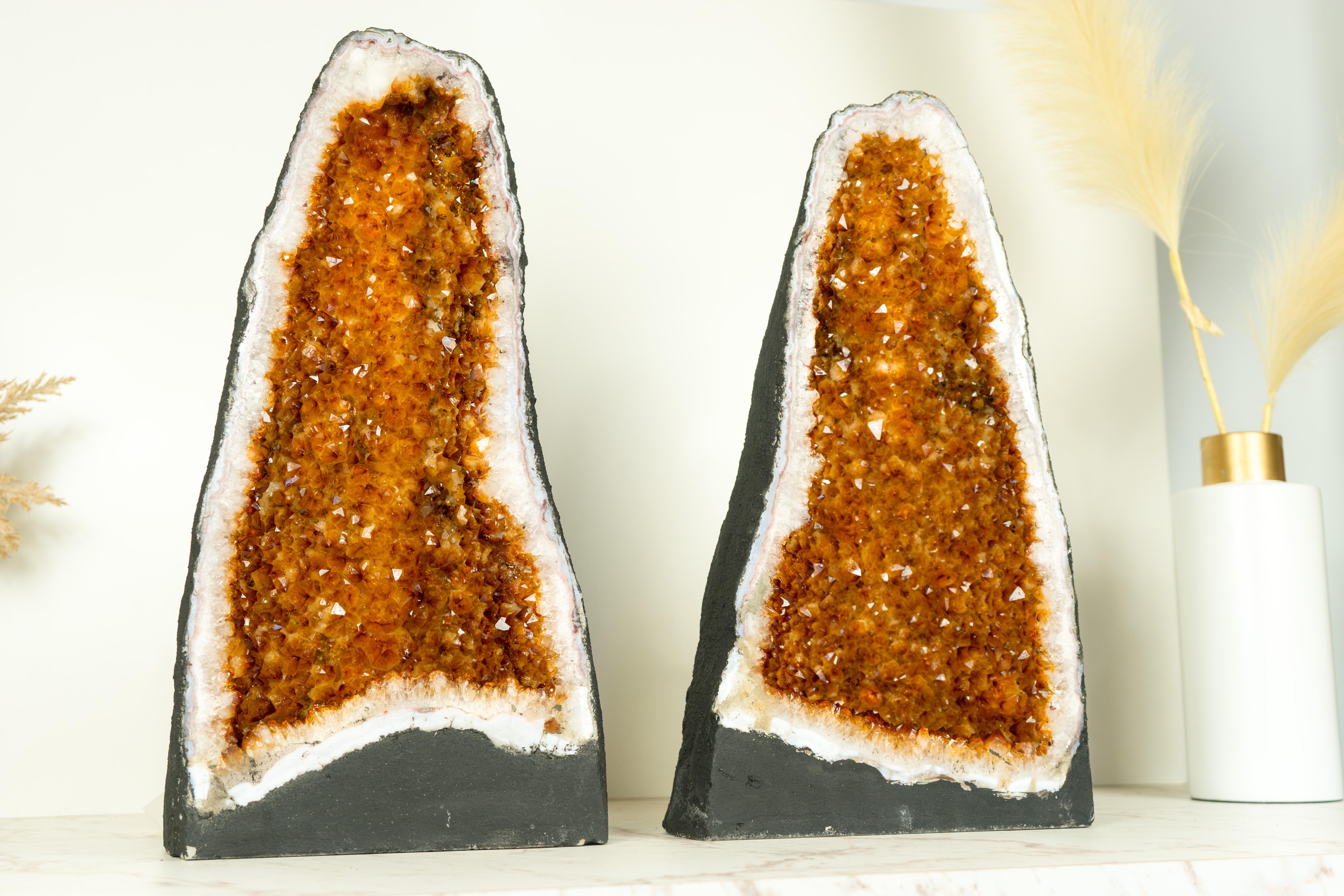 Contemporary Pair of Citrine Geode Cathedrals with Sparkling AAA-Grade, Rich Orange Druzy