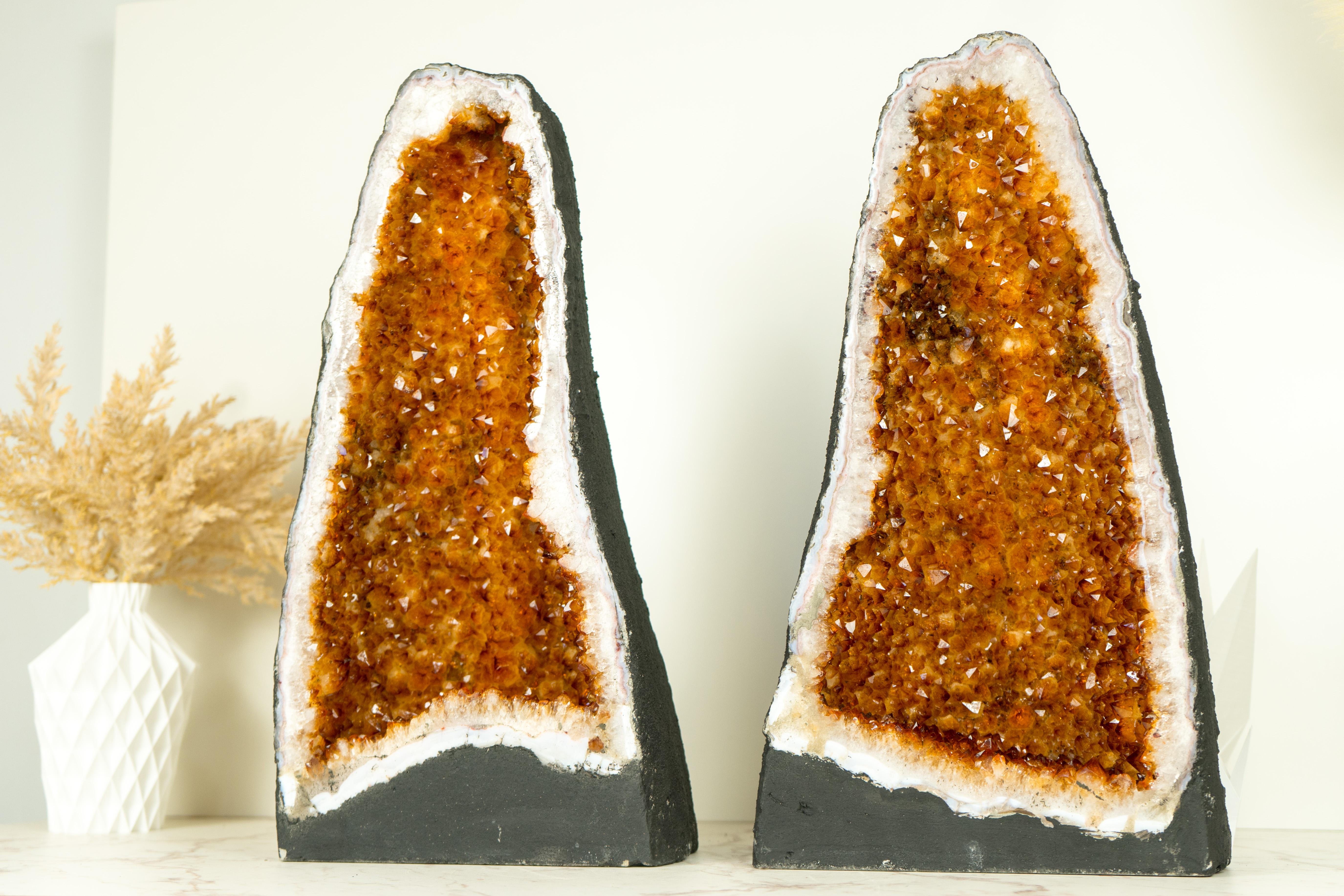 Amethyst Pair of Citrine Geode Cathedrals with Sparkling AAA-Grade, Rich Orange Druzy