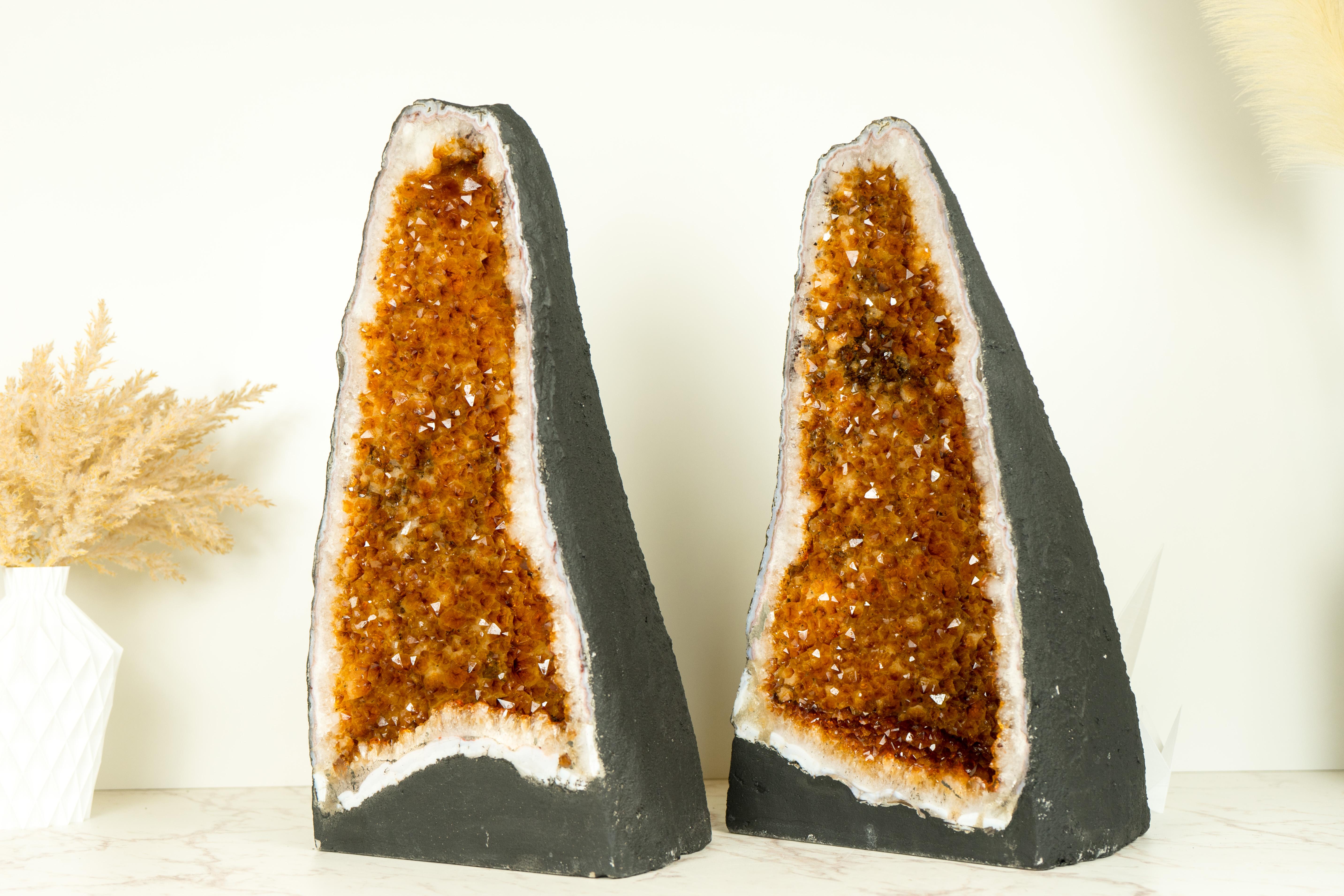 Pair of Citrine Geode Cathedrals with Sparkling AAA-Grade, Rich Orange Druzy 1