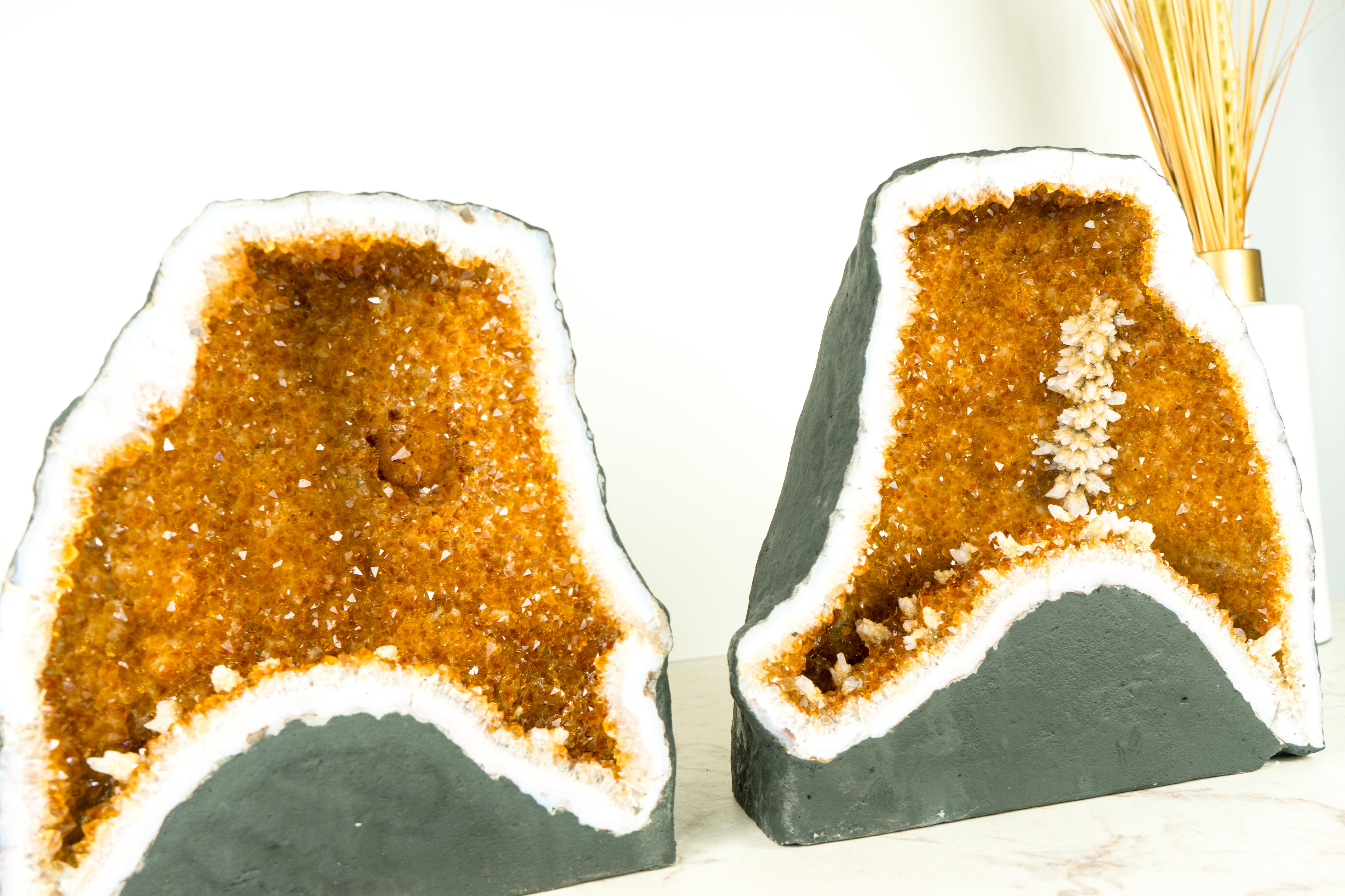 Pair of Citrine Geodes Cave with Orange Druzy Crystals and Calcite Flowers For Sale 6
