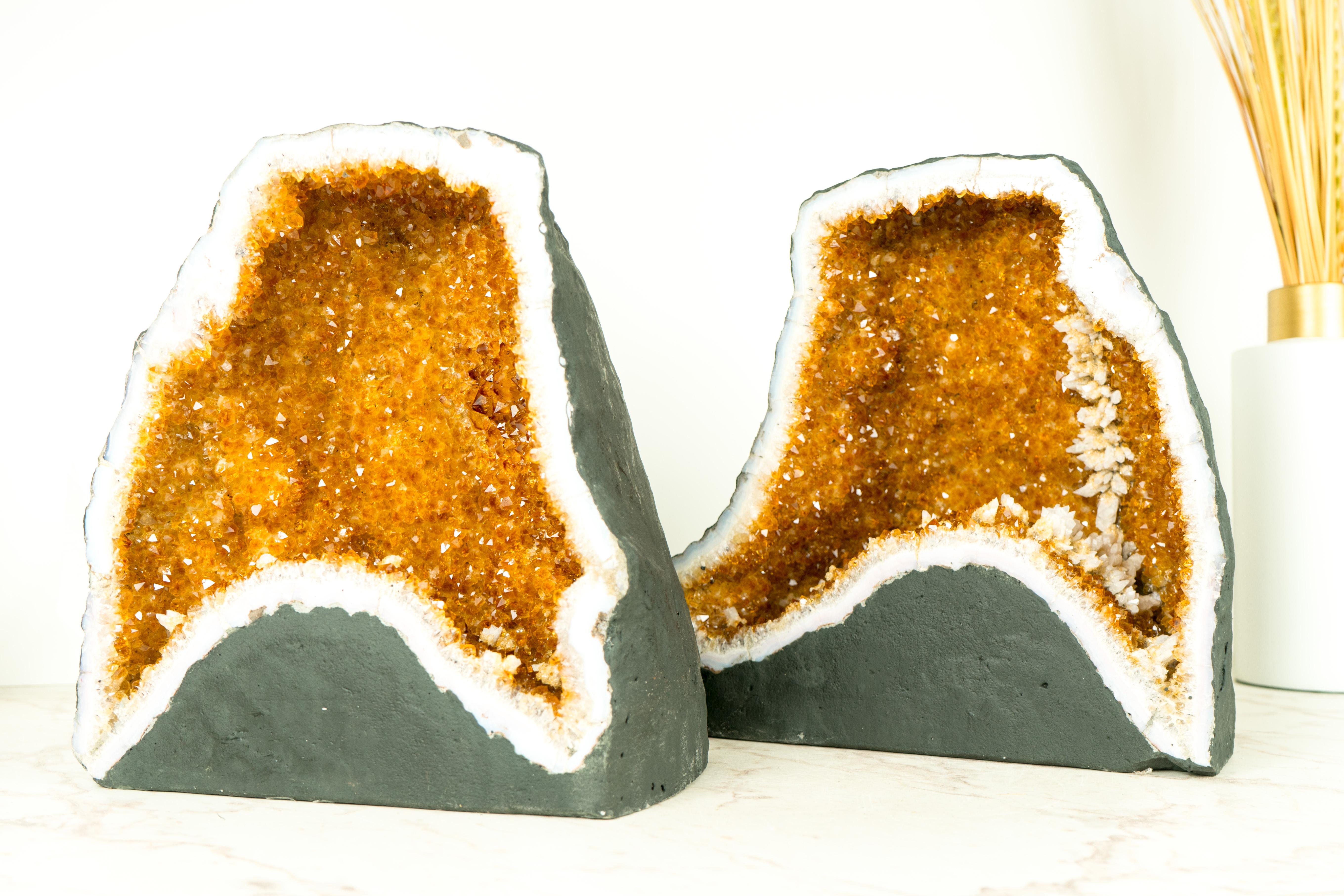 Brazilian Pair of Citrine Geodes Cave with Orange Druzy Crystals and Calcite Flowers For Sale