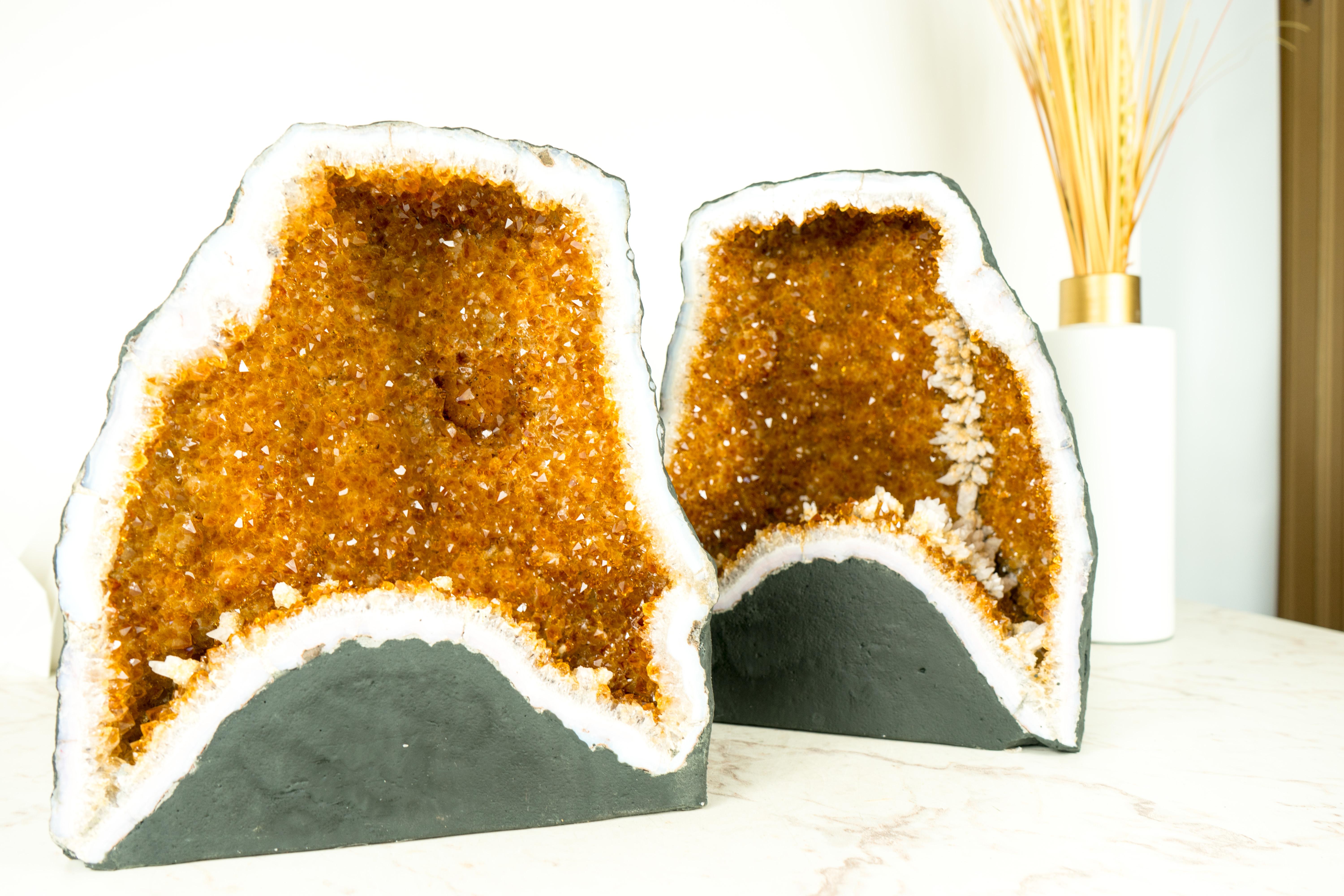 Contemporary Pair of Citrine Geodes Cave with Orange Druzy Crystals and Calcite Flowers For Sale