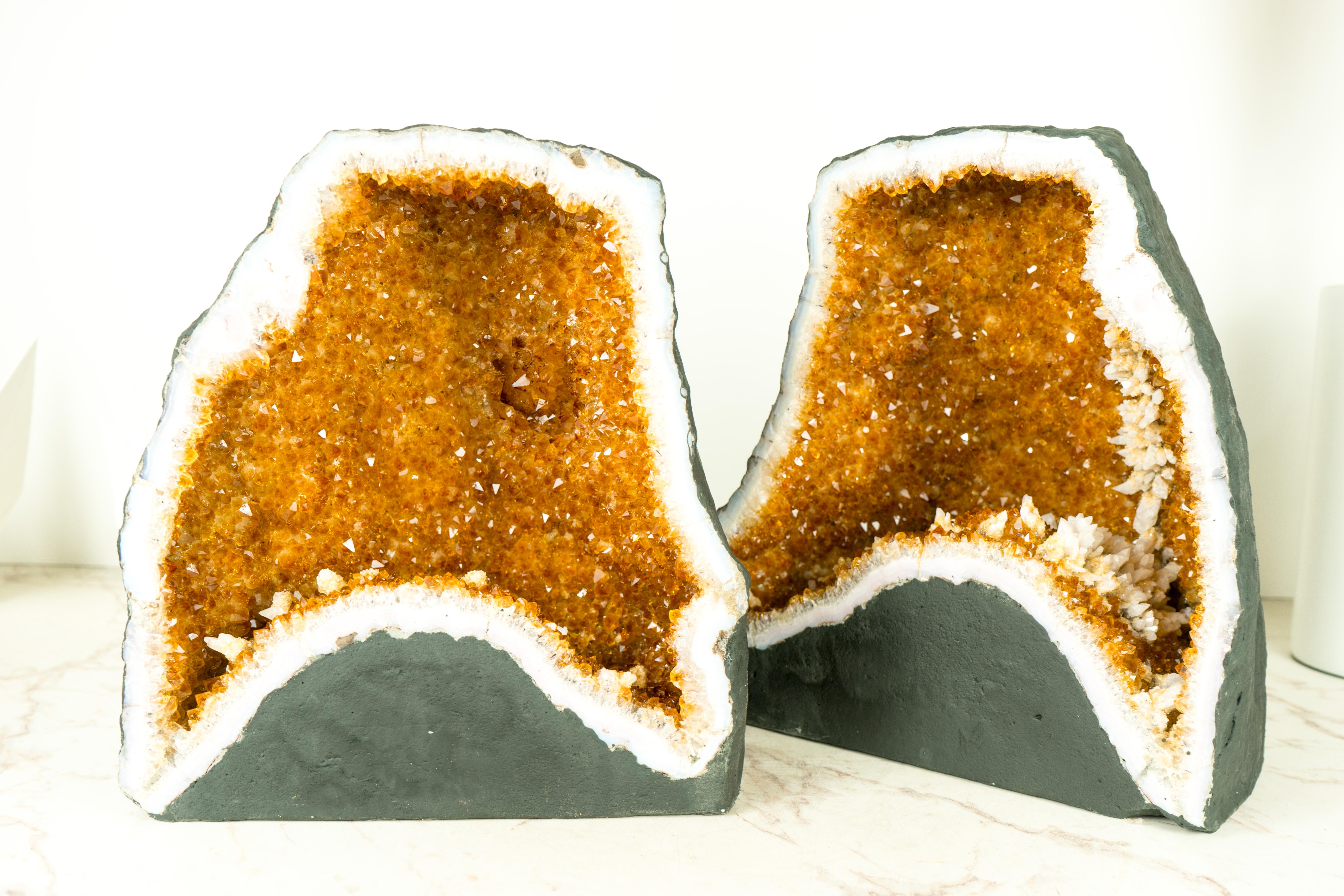 Pair of Citrine Geodes Cave with Orange Druzy Crystals and Calcite Flowers For Sale 2