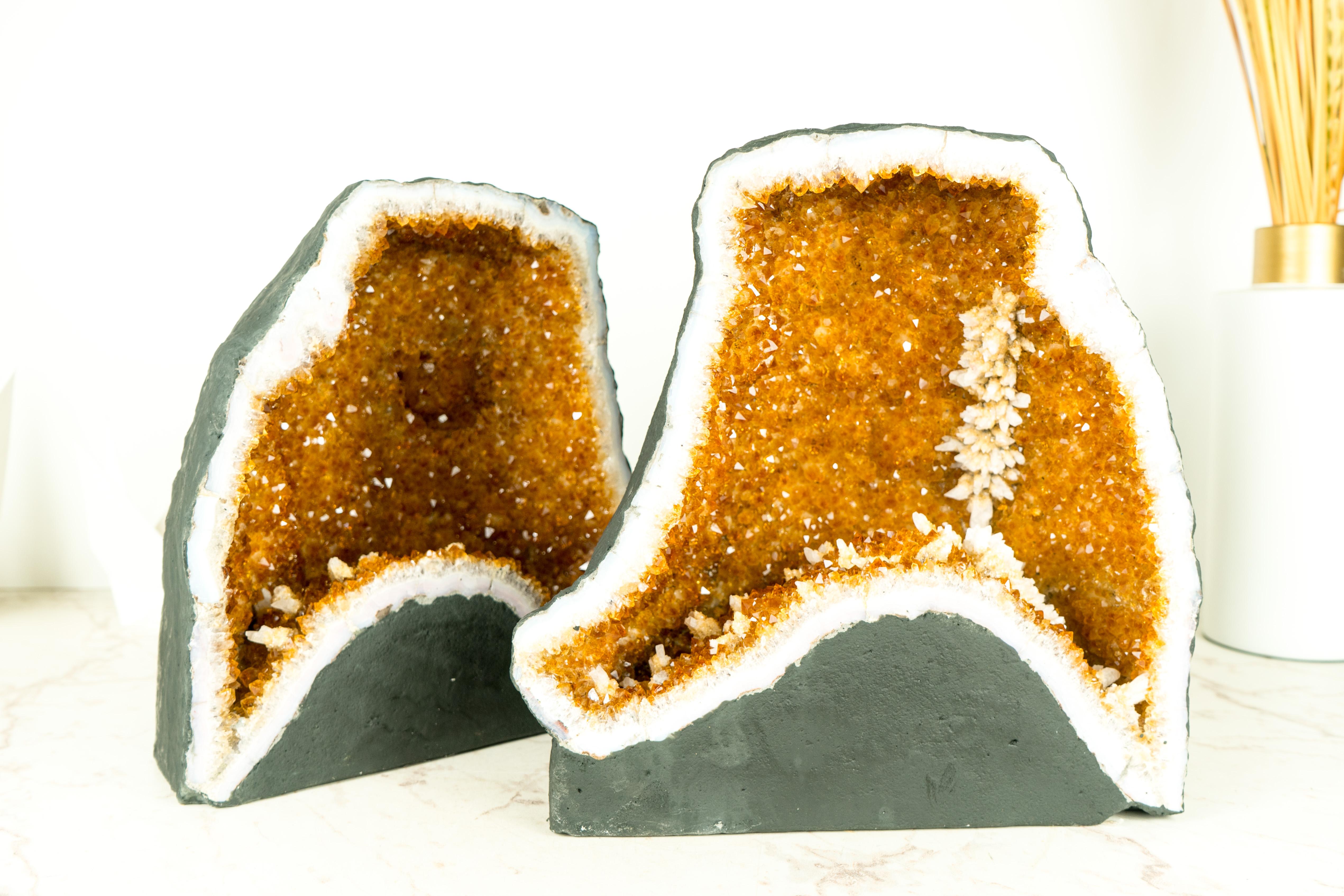 Pair of Citrine Geodes Cave with Orange Druzy Crystals and Calcite Flowers For Sale 3