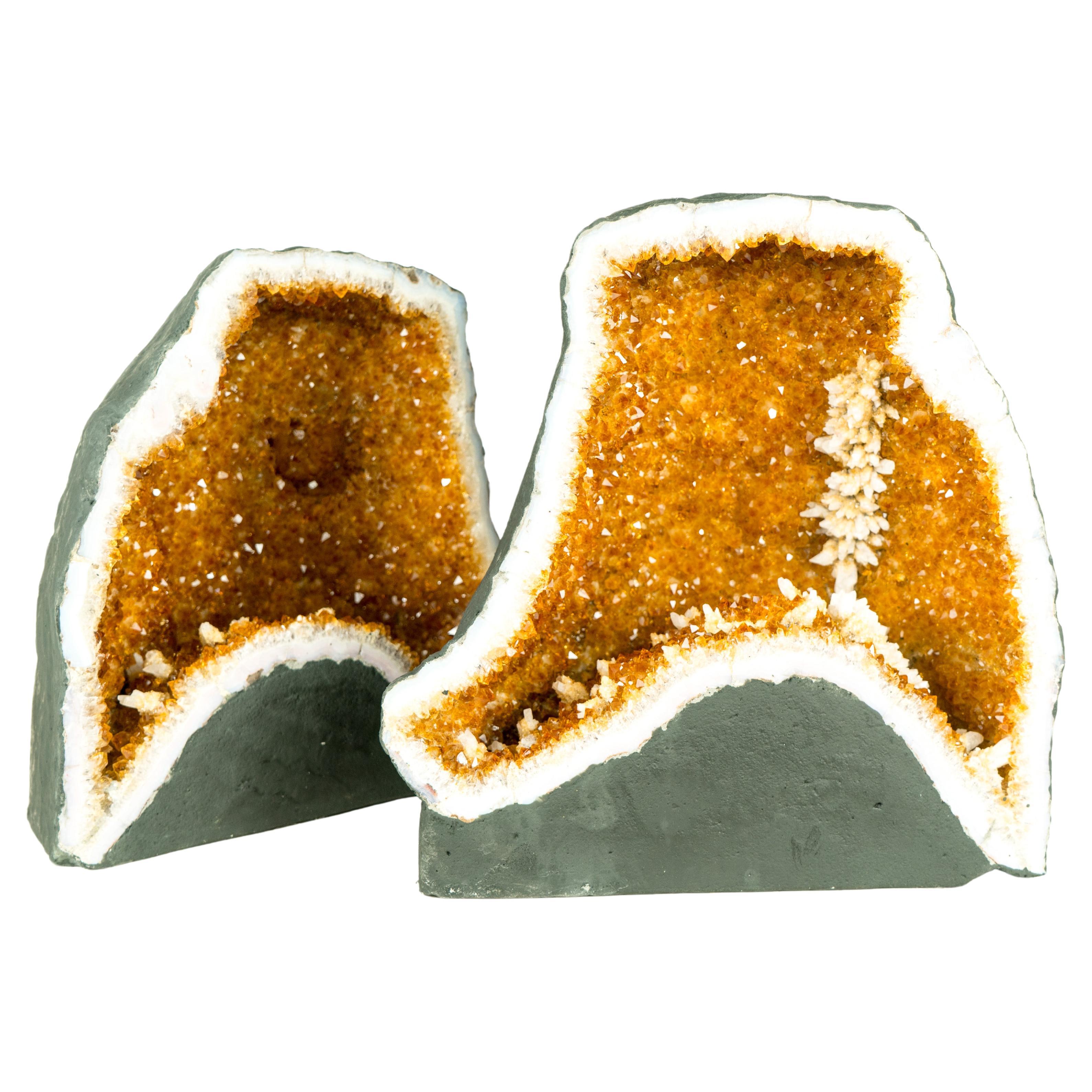 Pair of Citrine Geodes Cave with Orange Druzy Crystals and Calcite Flowers For Sale