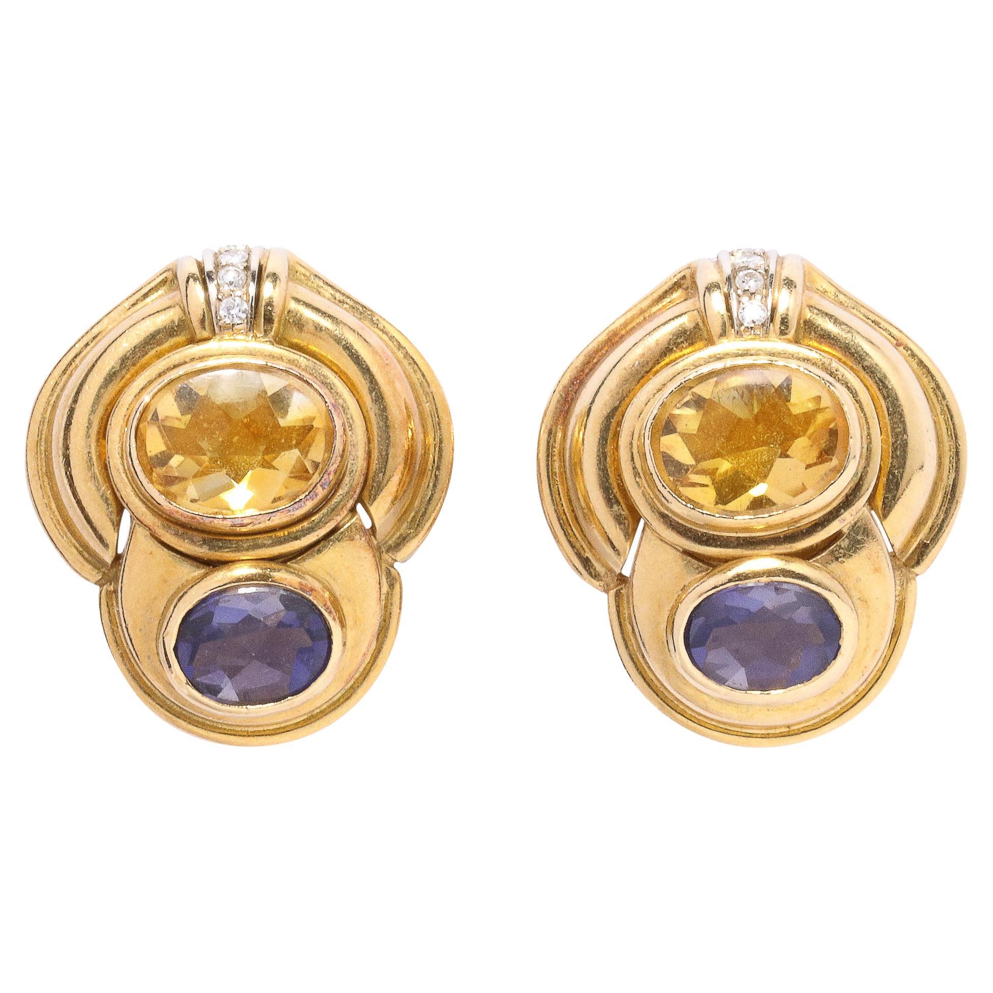 Pair of Citrine, Iolite, Diamond and 18k Yellow Gold Earrings 