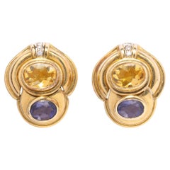 Pair of Citrine, Iolite, Diamond and 18k Yellow Gold Earrings