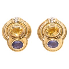 Pair of Citrine, Iolite, Diamond and 18k Yellow Gold Earrings 