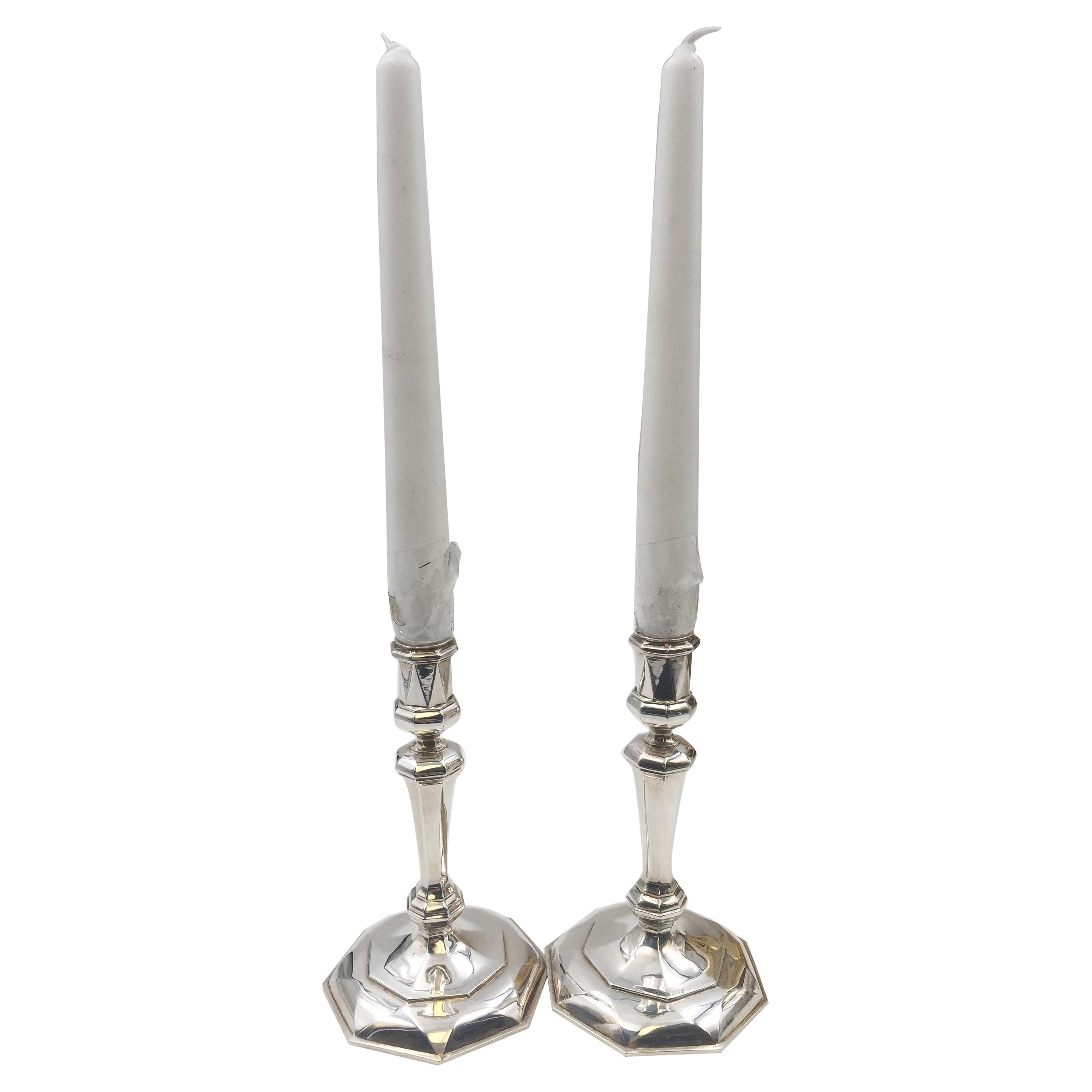 Pair of CJ Vander English Silver Tapersticks Candlesticks in Queen Anne Style