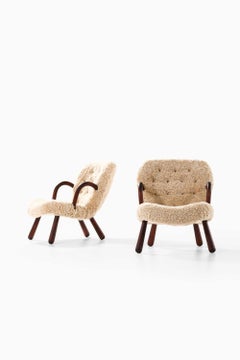 Pair of Clam Easy Chairs in Sheepskin & Wood by Arnold Madsen, 1944