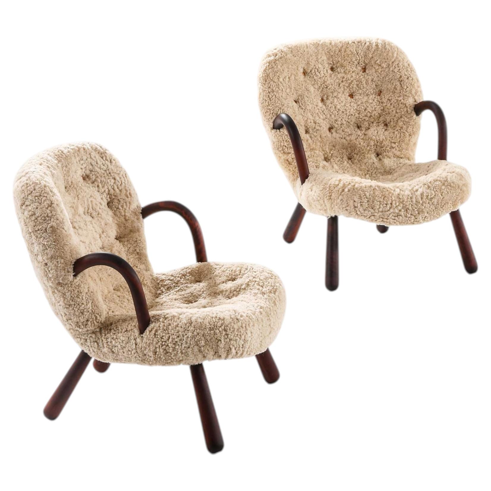 Pair of Clam Easy Chairs in Sheepskin & Wood by Arnold Madsen, 1944