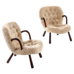 Pair of Clam Easy Chairs in Sheepskin & Wood by Arnold Madsen, 1944