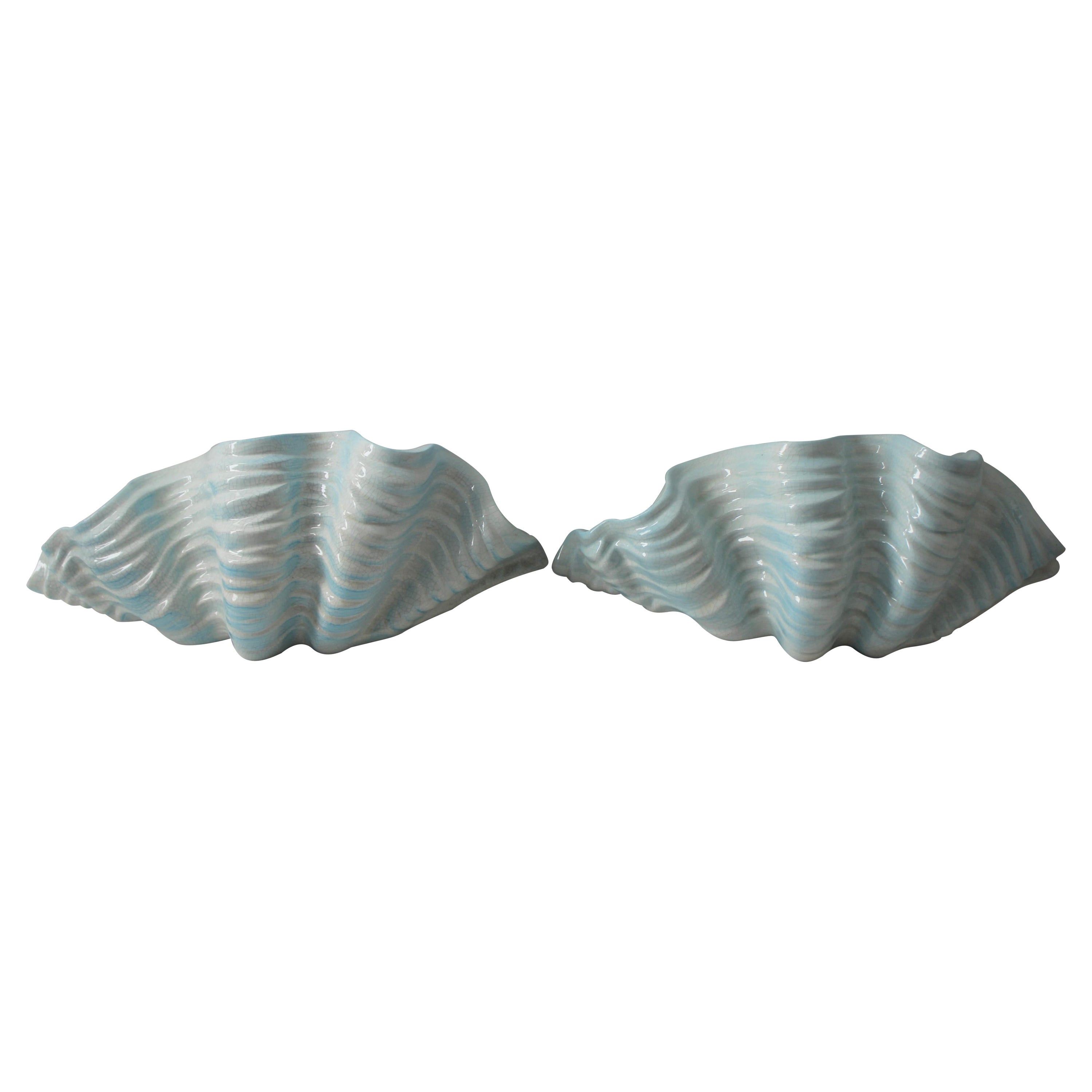 Pair of Clam Shell Form Ceramic Wall Pockets For Sale
