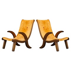 Pair of Clara Porset Style Butaque Lounge Armchairs with Aged Leather 